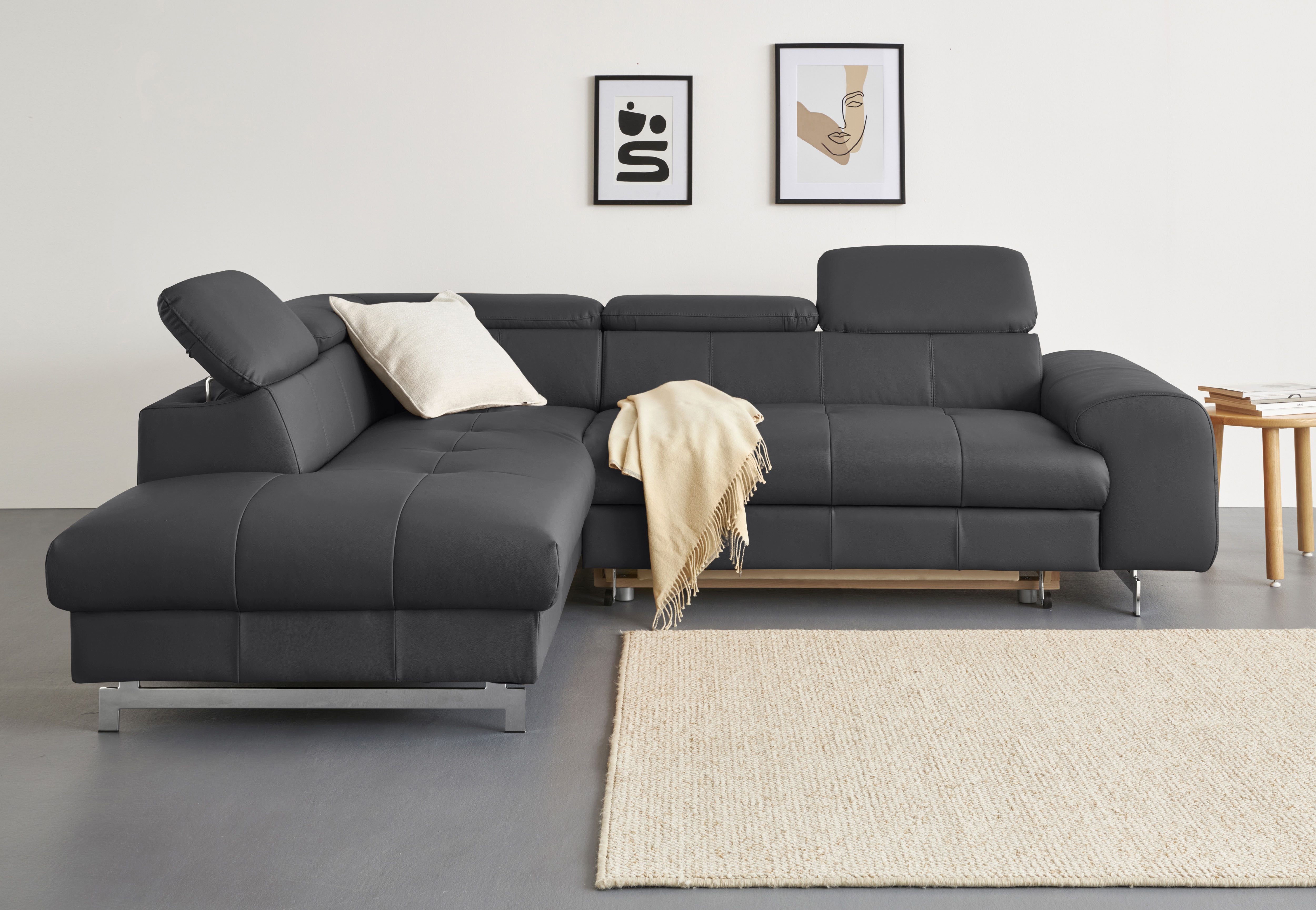 COTTA Ecksofa "Chef bequem, tolle Verarbeitungsdetails, Breite 262cm, L-Form" mit Kopfteilverstellung, edle Metallkufen, optional Schlaffunktion