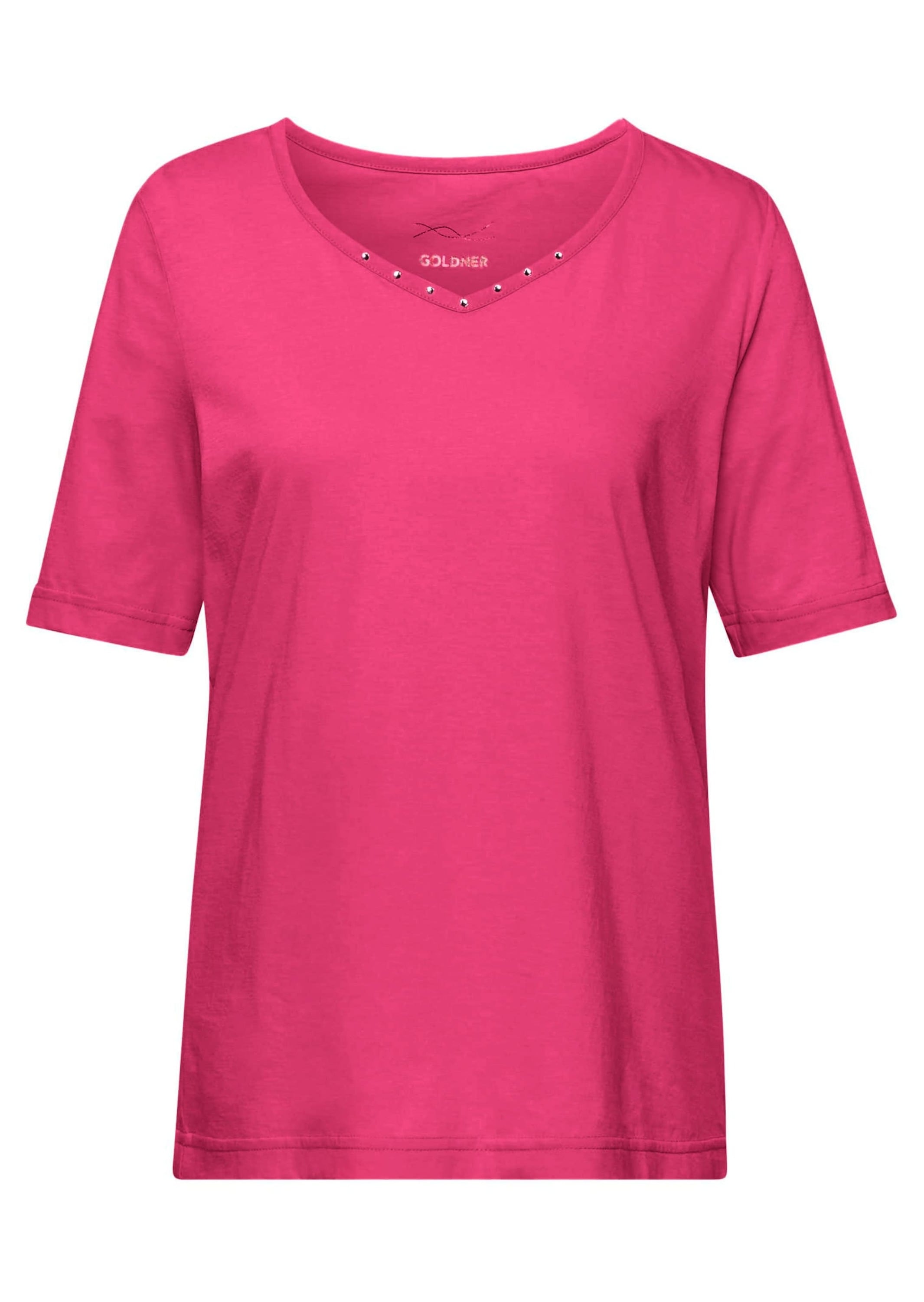 Langarm-Poloshirt GOLDNER "Kurzgröße Halbarm Basic-Shirt aus Baumwolle", Damen, Gr. 19, pink (cyclam), Obermaterial: 95% Baumwolle CO. 5% Elasthan EL., Tubular, Shirts, Ausschnitt in Herzform mit Schmucksteinen verziert