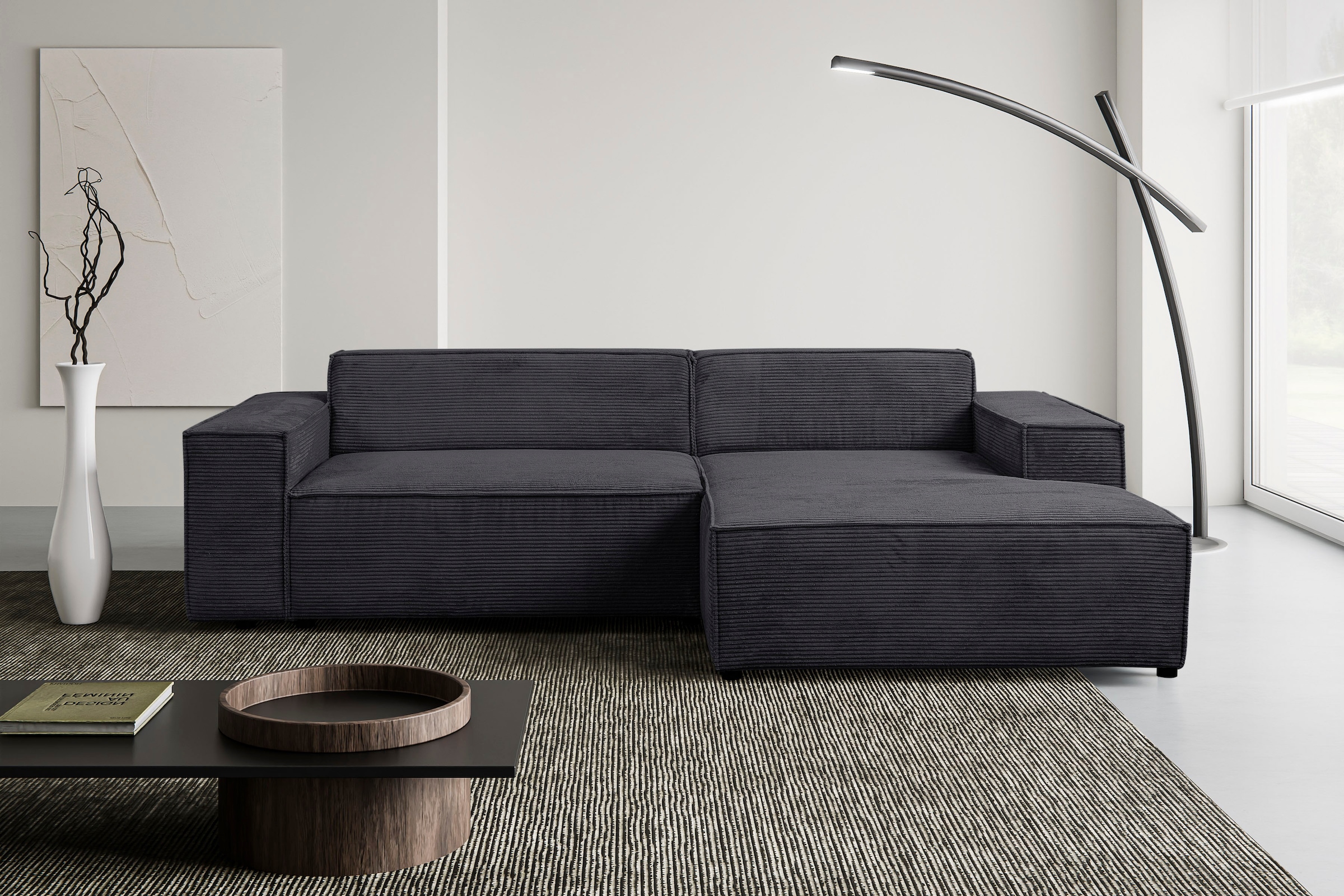 WERK2 Ecksofa "Trento 268 x 163 cm modern und bequem" Cord, L-Form, extra weiche und tiefe Sitzfläche