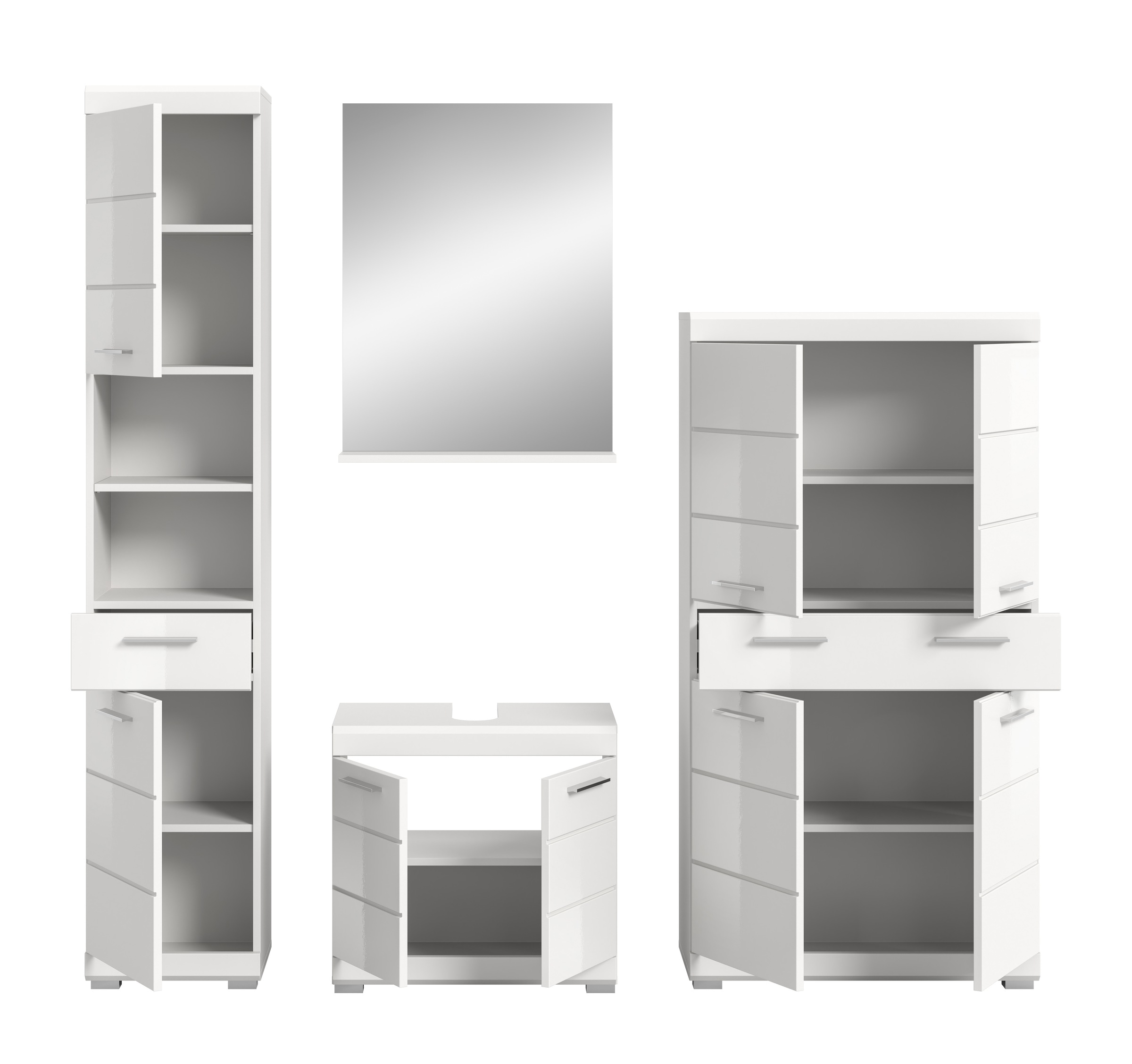 INOSIGN Badmöbel-Set »Siena, 4 teilig, bestehend aus:«, (Set), Hochschrank, Waschbeckenunterschrank, Badspiegel, Midischrank