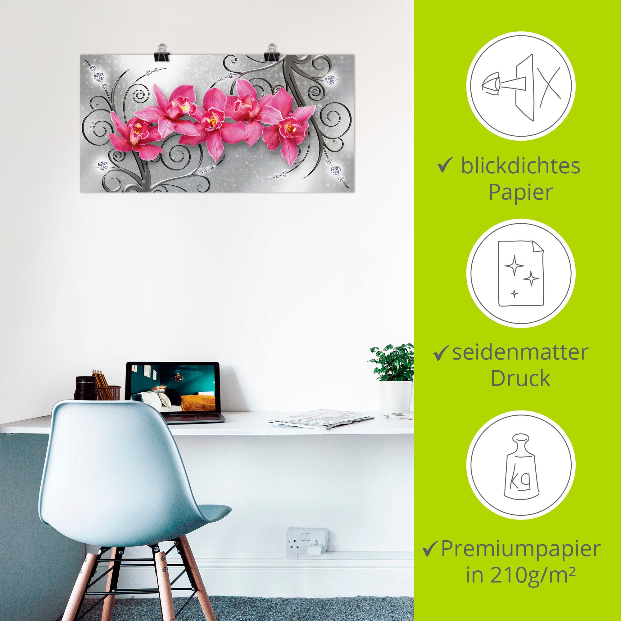Wandbild ARTLAND "rosa Orchideen auf Ornamenten", pink (farbe bild(er): pink), B:40cm H:20cm, Bilder, als Alubild, Leinwandbild, Poster in verschied. Größen 3