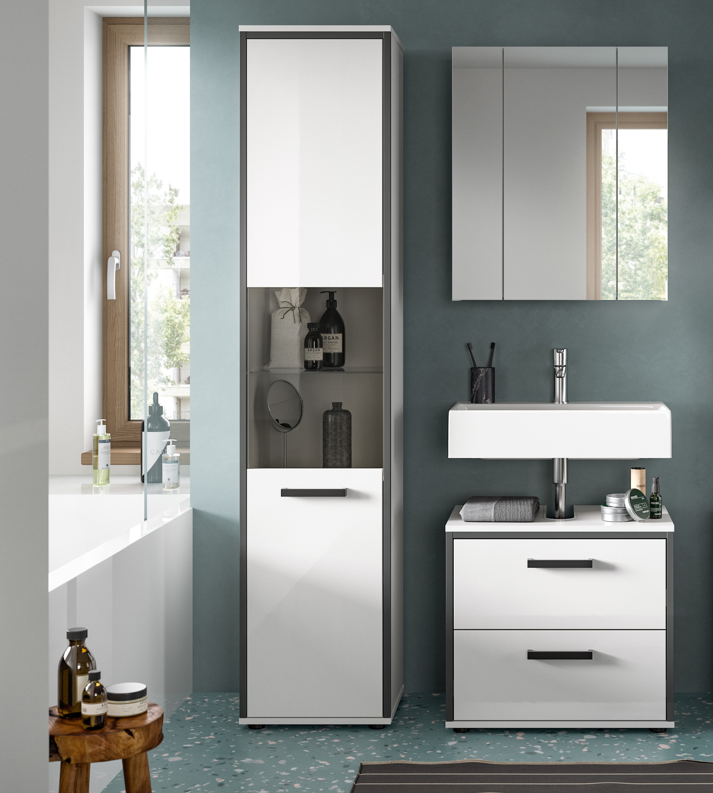 welltime Badmöbel-Set »KAJO, 3-tlg. Badkombination, weiß hochglanz« Set, Set, best. aus:1Hochschrank,1Spiegelschrank,1Waschbeckenunterschrank, 3 Stk. tlg.