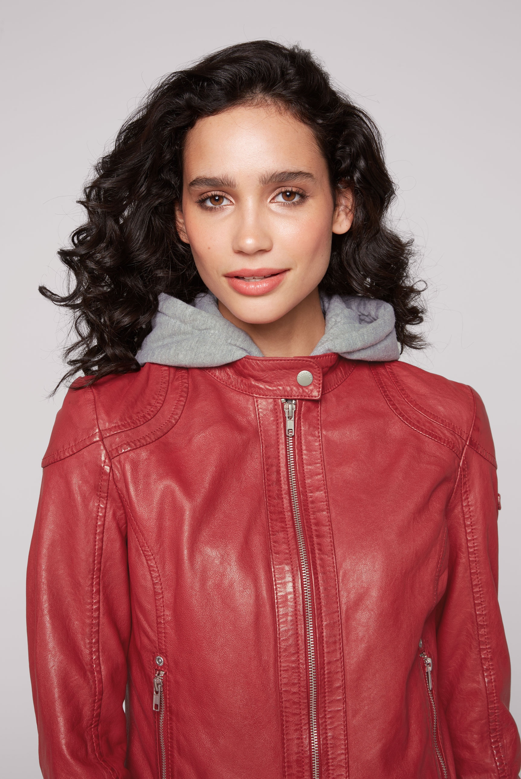 SOCCX Lederjacke, mit Kapuze, mit Druckknopfriegel an den Seiten