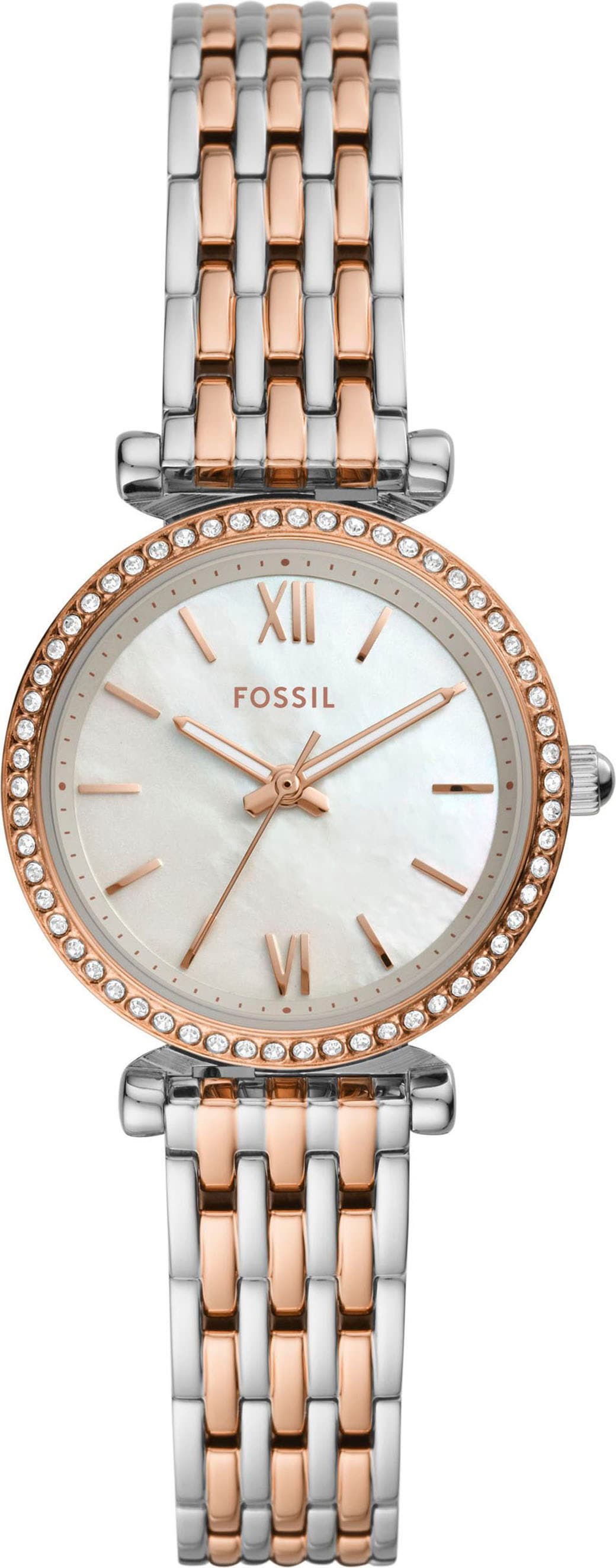 Quarzuhr FOSSIL "CARLIE", gold (edelstahlfarben, roségoldfarben), Armbanduhren, Damen, Quarzuhr, Armbanduhr, Damenuhr, Edelstahlarmband, analog, Glassteine