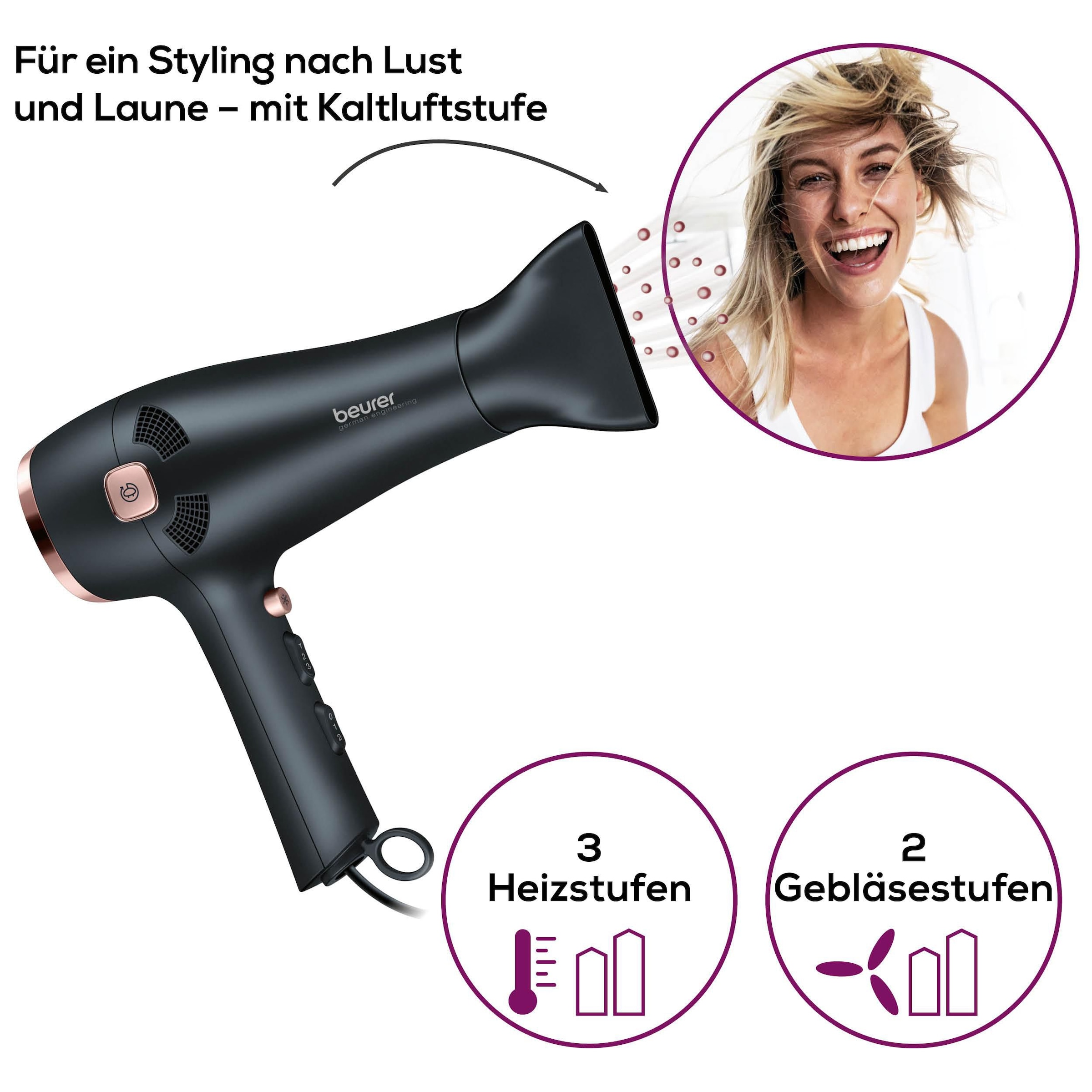 BEURER Haartrockner »HC 55, mit Kabeleinzugfunktion und leistungsstarken 2200 Watt«, 2 Aufsätze, Ionenfunktion für geschmeidig glänzende Haare