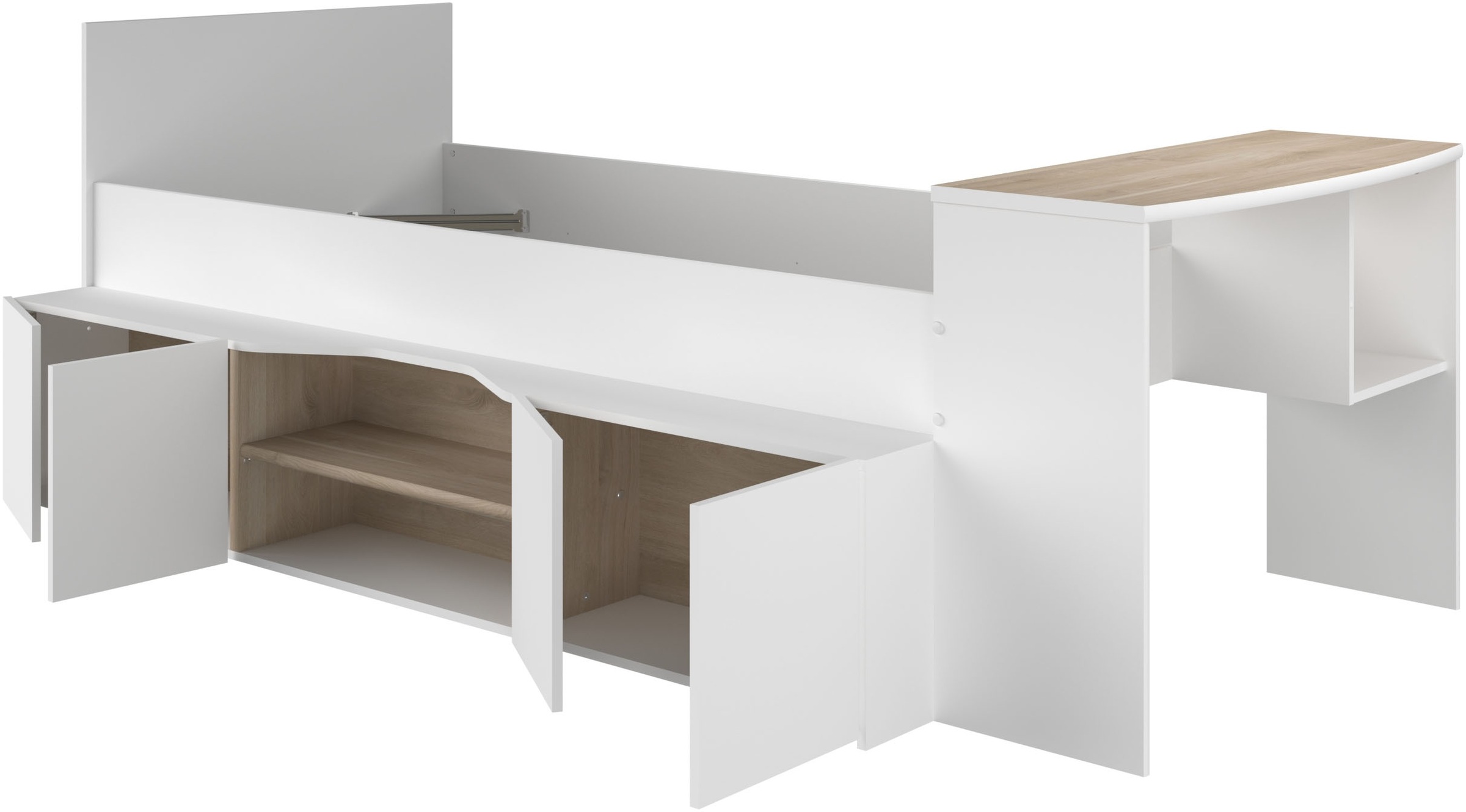 Parisot Hochbett »Cleo«, (1 St.), Schreibtisch beidseitig anbaubar, viel Stauraum, für Jungen & Mädchen