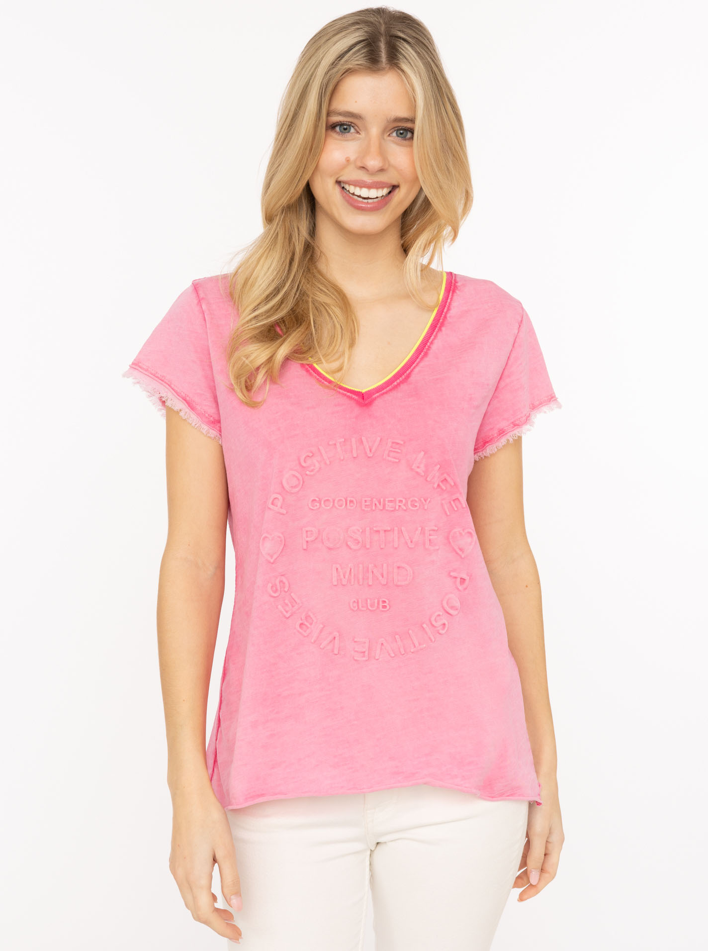 Zwillingsherz Kurzarmshirt ""Positive Mind Neonkante"" ausgefranste Kanten, V-Ausschnitt mit Neonkante, kurzarm, Stempeldruck
