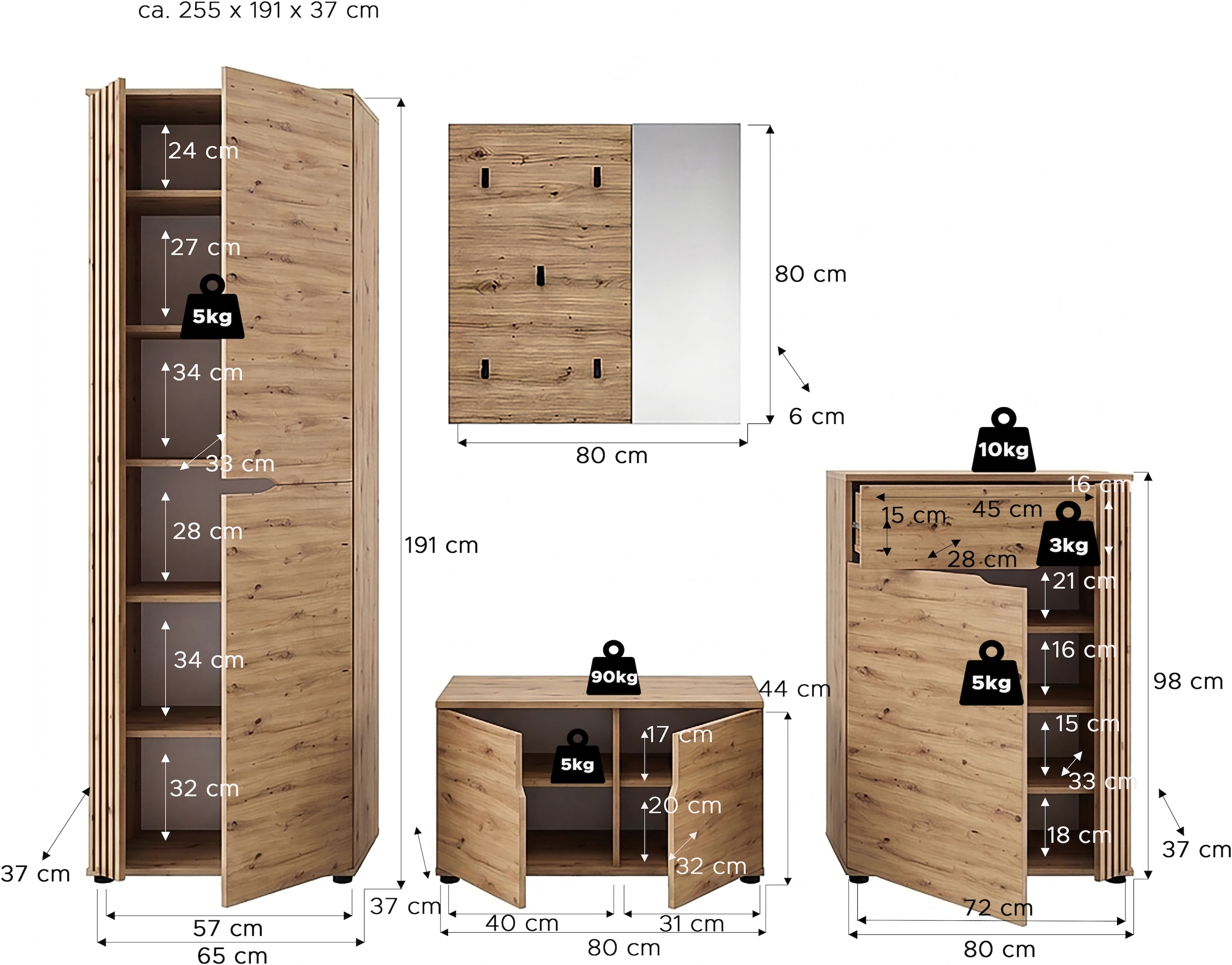OTTO home Garderoben-Set »FJELL, 4-teilig, Breite 255cm, Front mit hochwertiger Längsfräsung«