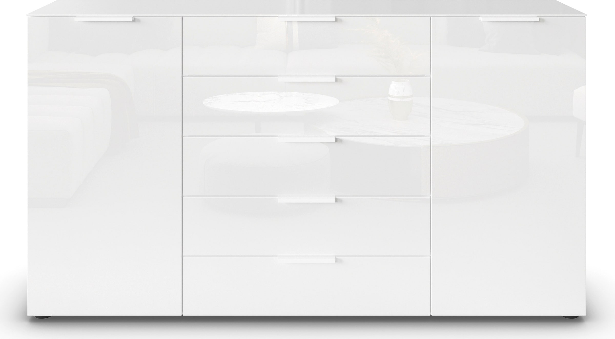 rauch Schubkastenkommode »Kommode Türkommode Sideboard Kombikommode FLIPP mit Glasfront«, (Breite 160/180 cm mit 4 Einlegeböden), 2-türig, 5 Schubladen, Soft-Close, Oberboden und Front Glas, 2 Breiten