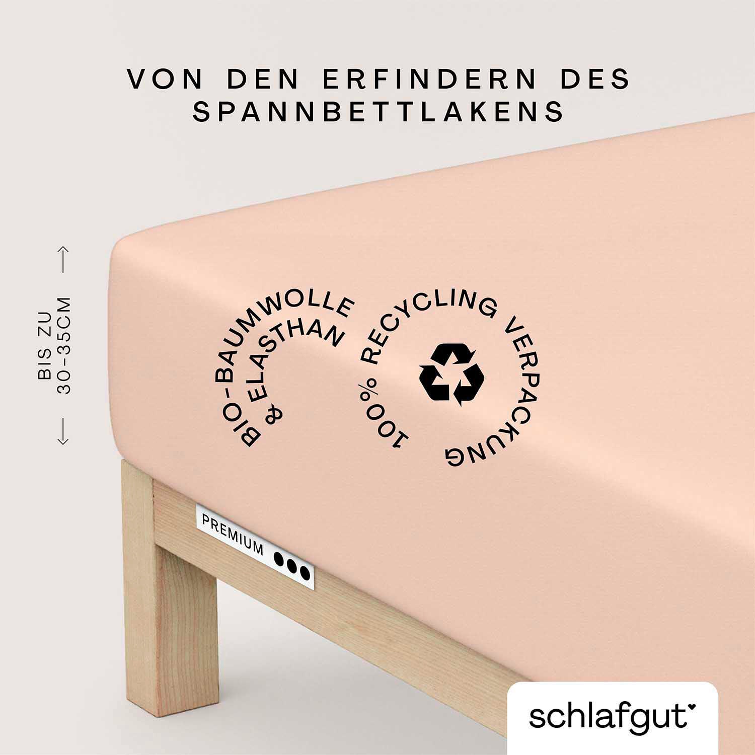 Schlafgut Spannbettlaken "PREMIUM Mako-Zwirn-Jersey, 220 g/m², 95% Bio-Baumwolle, 5% Elasthan" Bettlaken bis 30 cm Höhe, PREMIUM-Qualität langlebig, perfekter Sitz