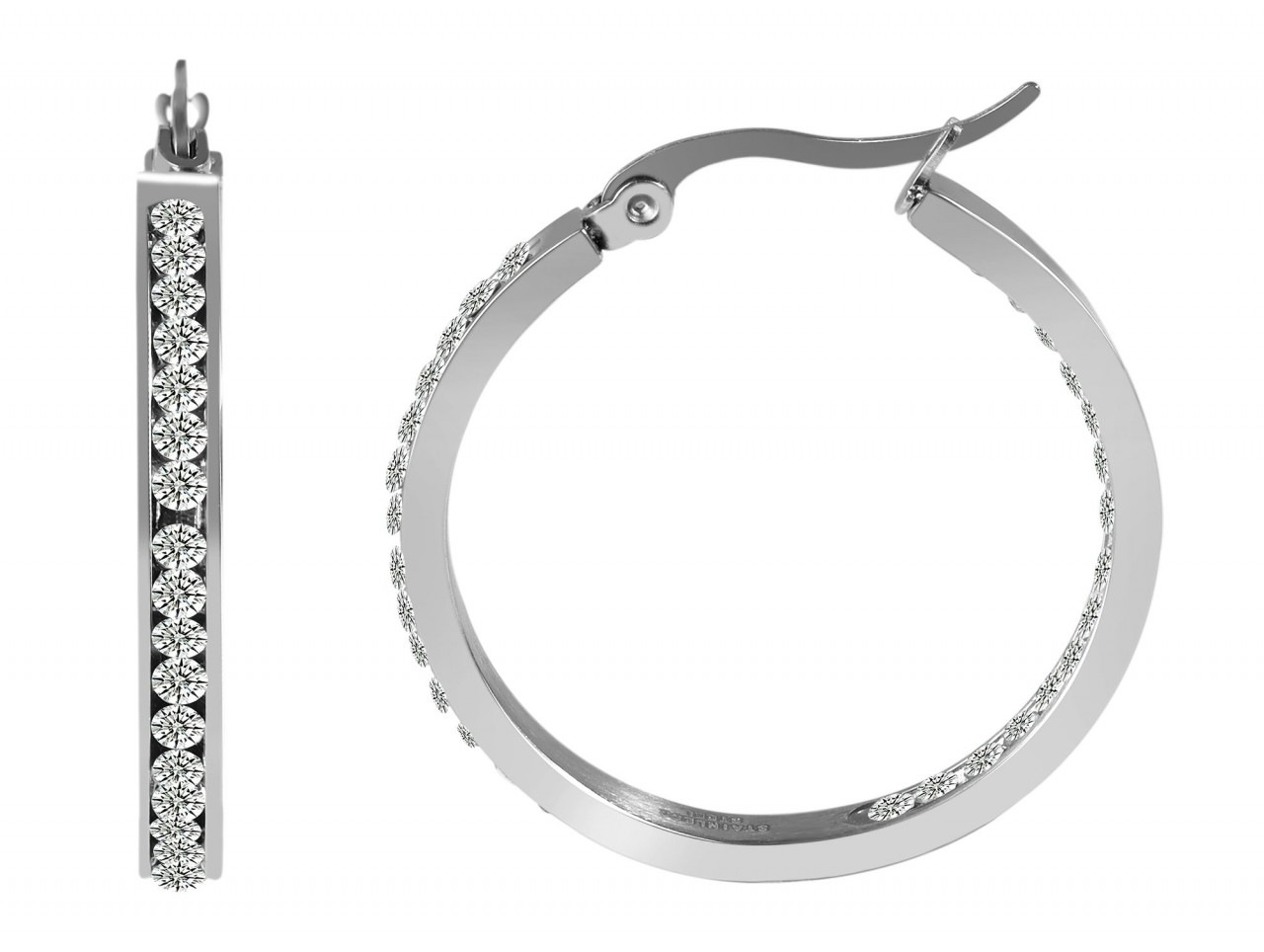 Paar Creolen ADELIA´S "Damen Creolen aus poliertem Edelstahl und Strass Ø 25 mm", silber, Ohrringe, Damen, Damen, Edelstahl