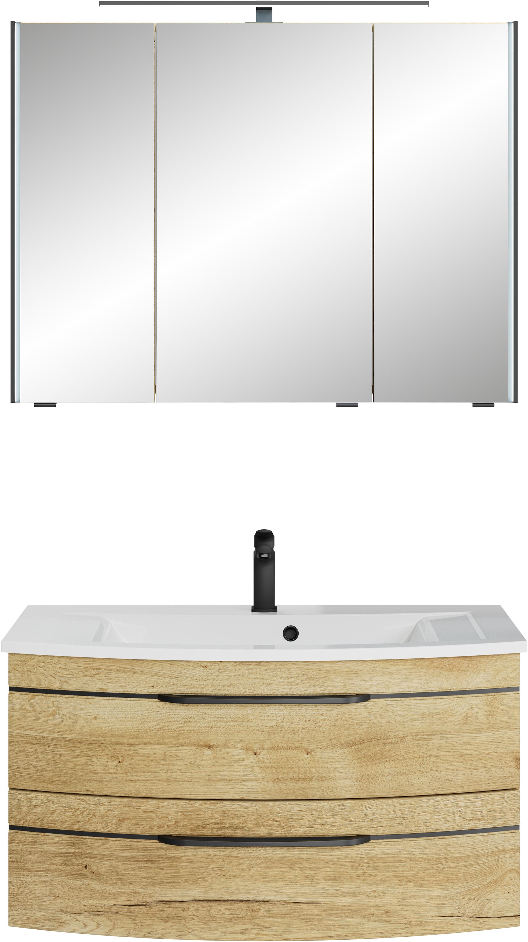 Saphir Badmöbel-Set »Serie 7045 2-teilig Mineralmarmor-Waschtisch mit LED-Spiegelschrank«, (Set, 2 St.), Badezimmer-Set 93,2 cm breit, inkl. Türdämpfer, 3 Türen, 2 Schubladen