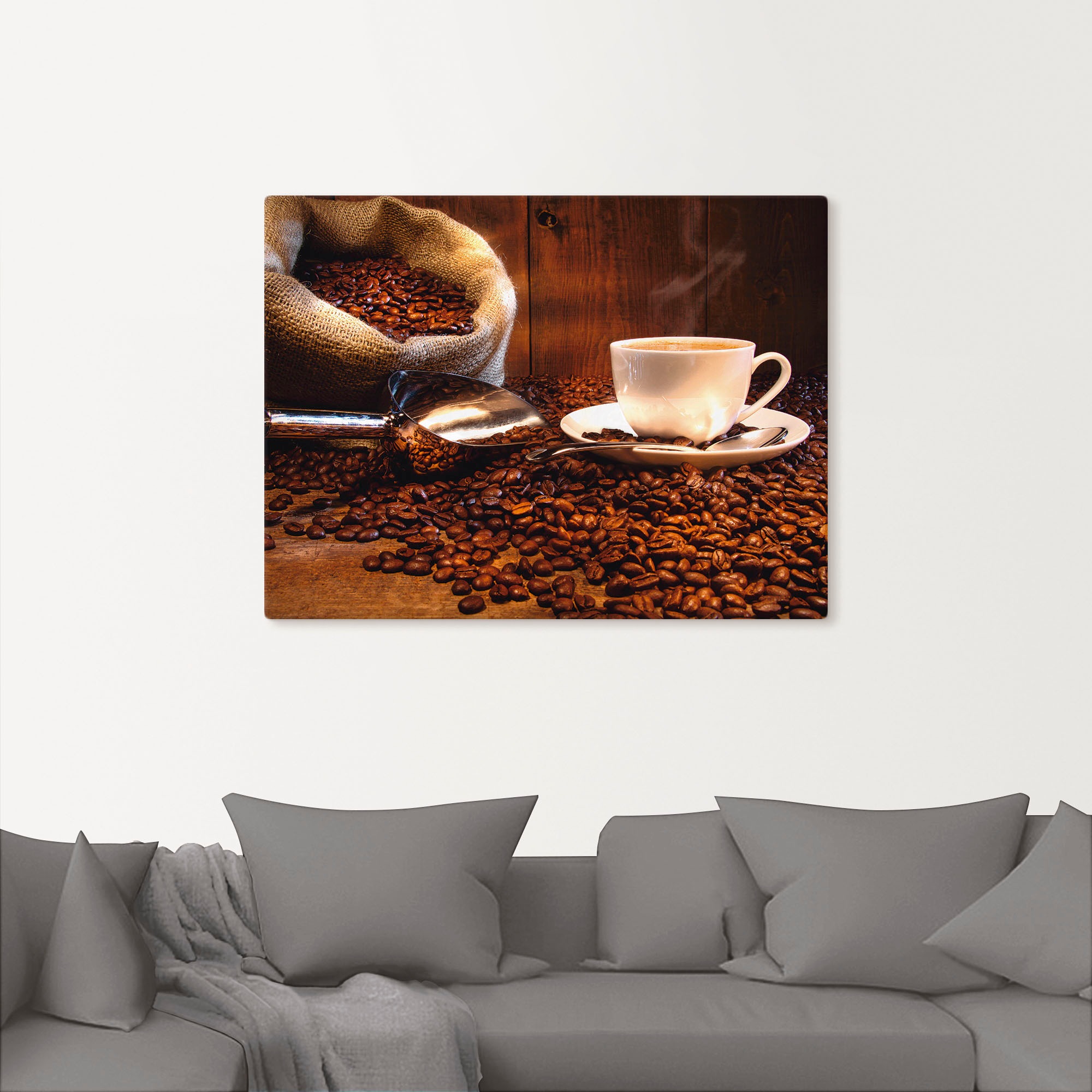 Artland Leinwandbild "Kaffeetasse und Leinensack auf Tisch" Getränke 1 Stk. günstig online kaufen