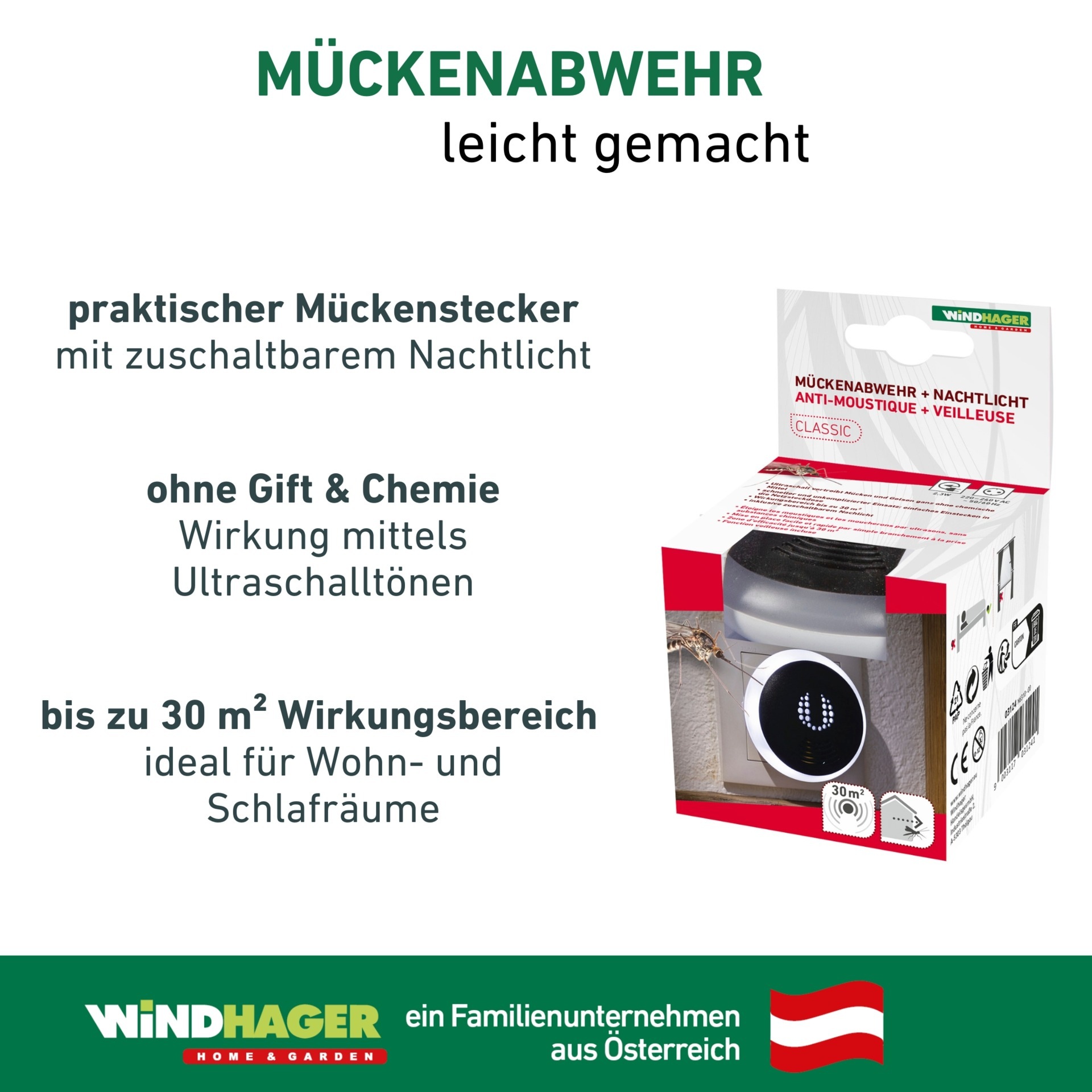 Windhager Insektenabwehrgerät »Classic, Mückenabwehr und Nachtlicht« Vertreibung der Insekten durch Ultraschall, Mückenstecker, schwarz