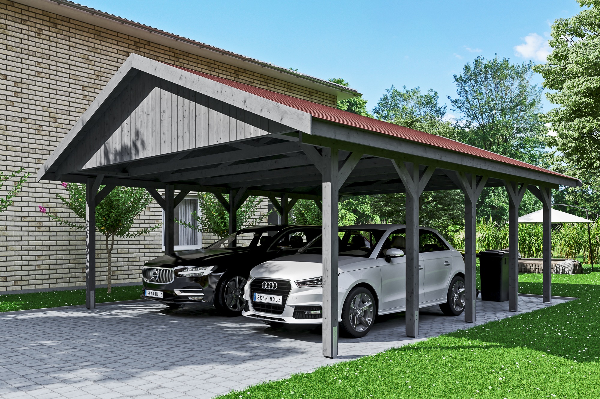 Skanholz Doppelcarport »Wallgau«, Nadelholz, 530 cm, Schiefergrau, mit roten Dachschindeln