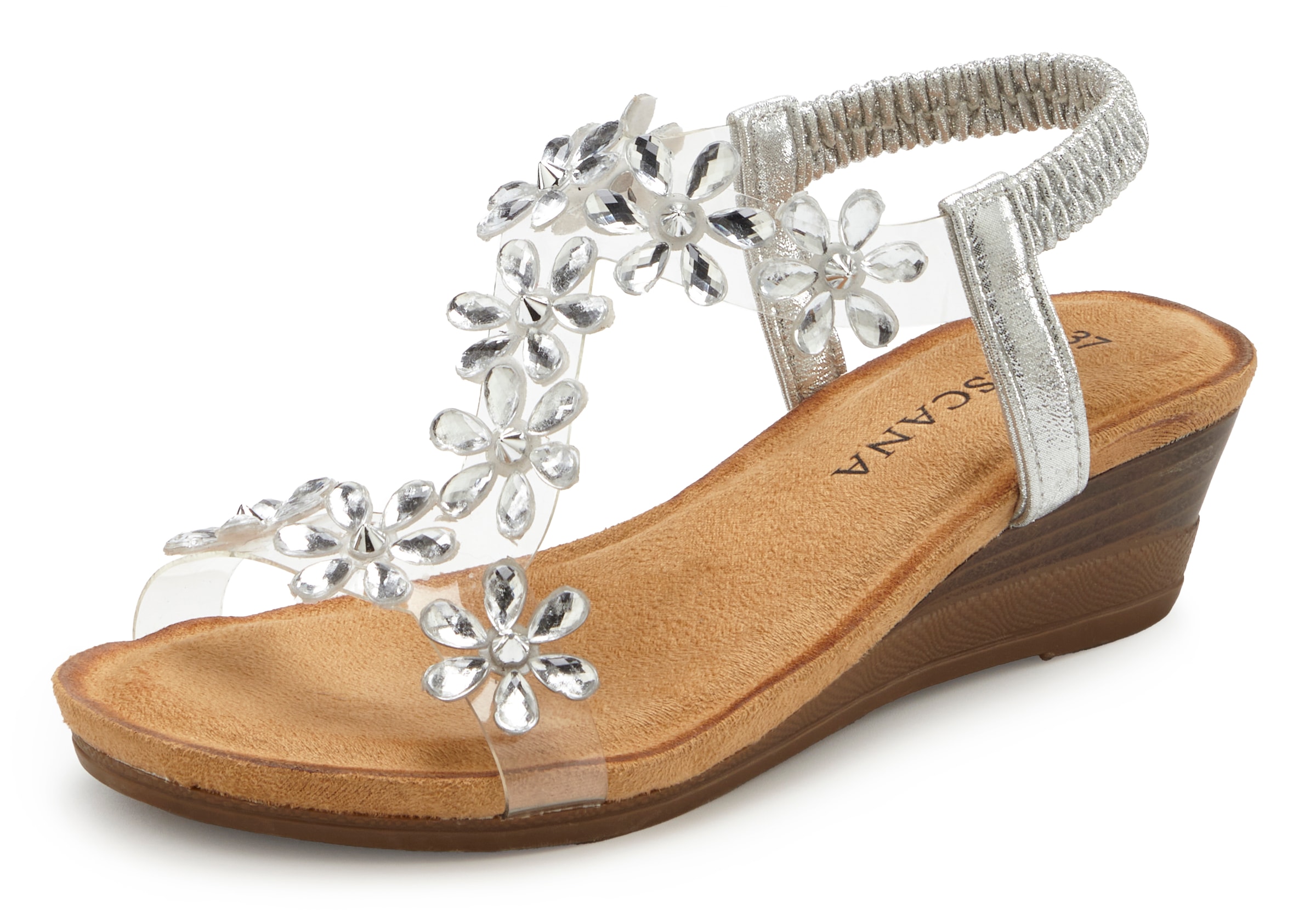 LASCANA Sandalette »Sandale, Sommerschuh, offener Schuh, Keilsandalette,«  NEU mit elastischen Riemchen und Keilabsatz VEGAN