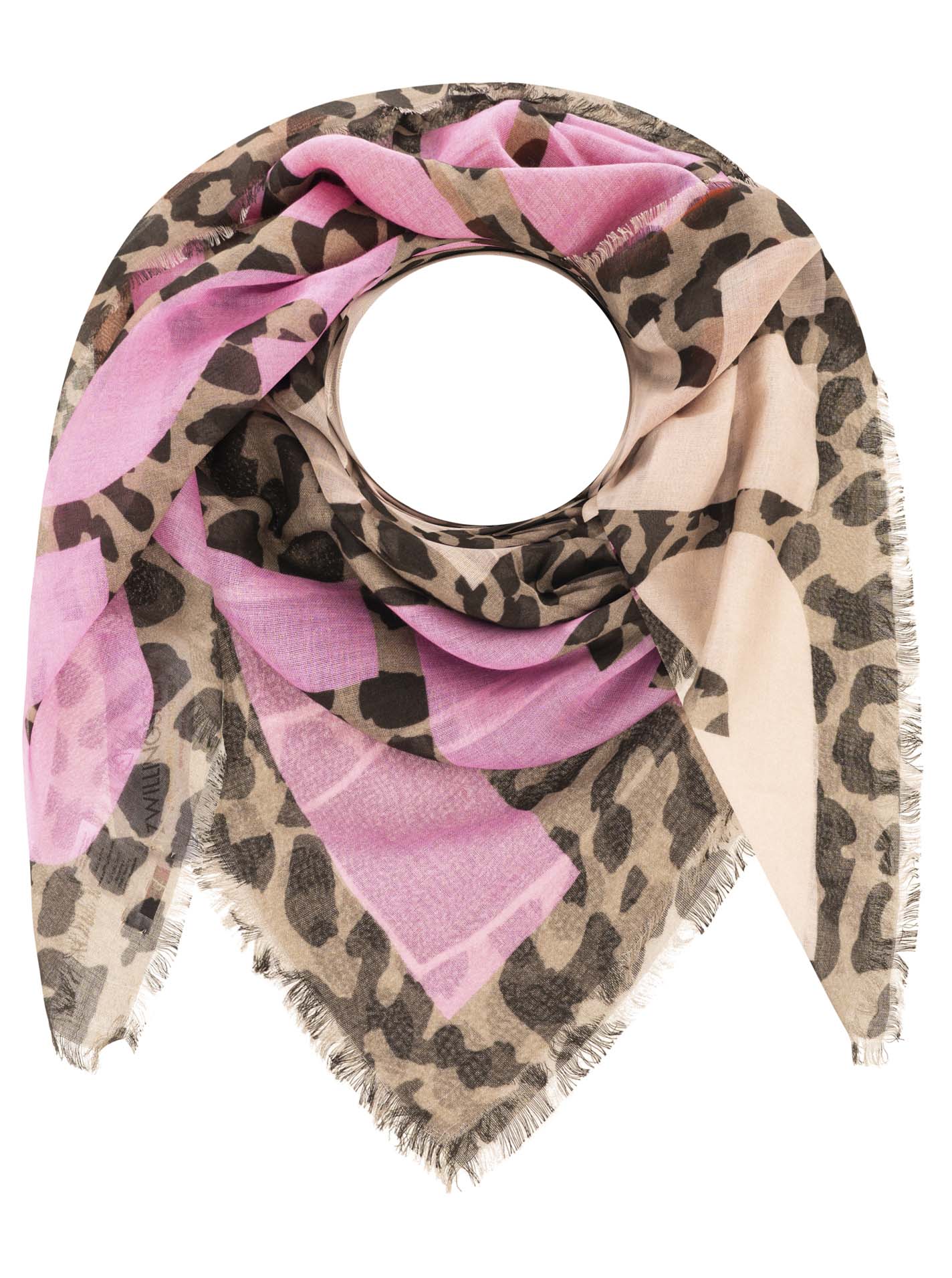 Zwillingsherz Modetuch ""Fearless"" Schriftzug, Leomuster All-Over, Fransenabschlüsse rundum