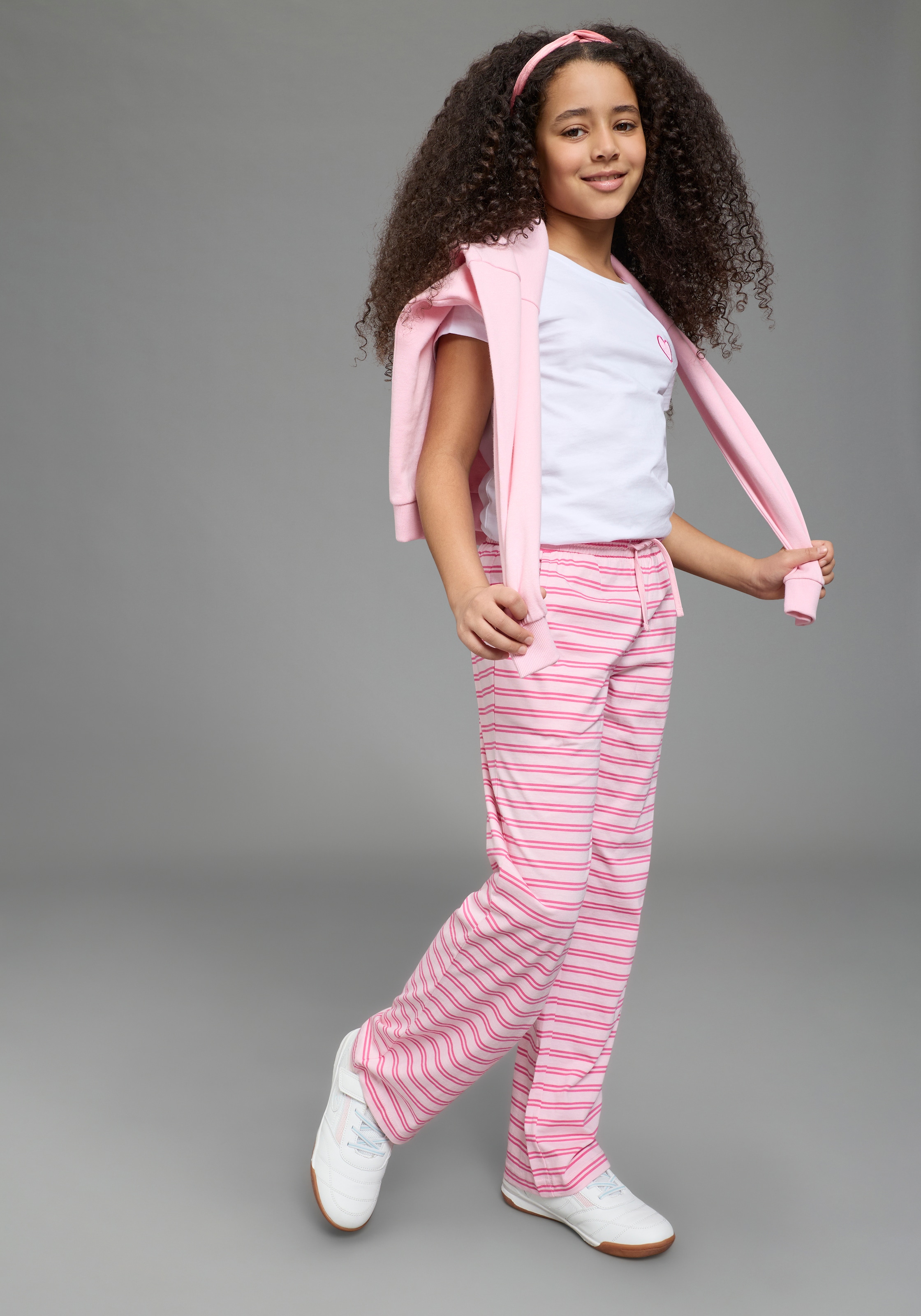 H.I.S Jerseyhose »2er Pack Wirkhosen 1x uni + 1x geringelt, für Mädchen«  gerade Beinform, mit Gummizug am Bund, mit Logodruck als Applikation