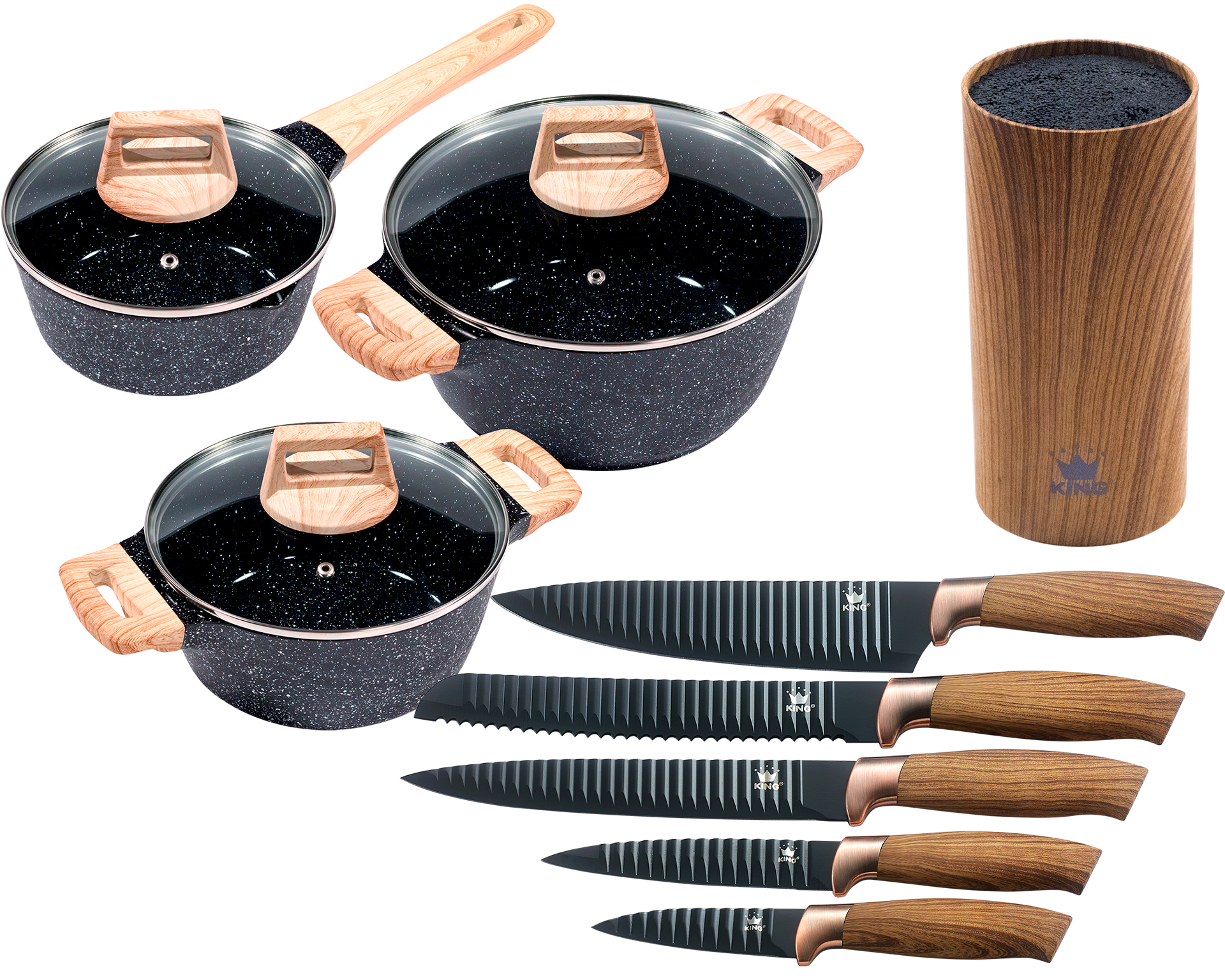 KING Topf-Set ""ESSENTIAL" Aluminiumguss, Induktion, Antihaftbeschichtung" Set, 2 Töpfe, 1 Stieltopf, 3 Glasdeckel, 12 Stk. tlg. Aluminiumguss