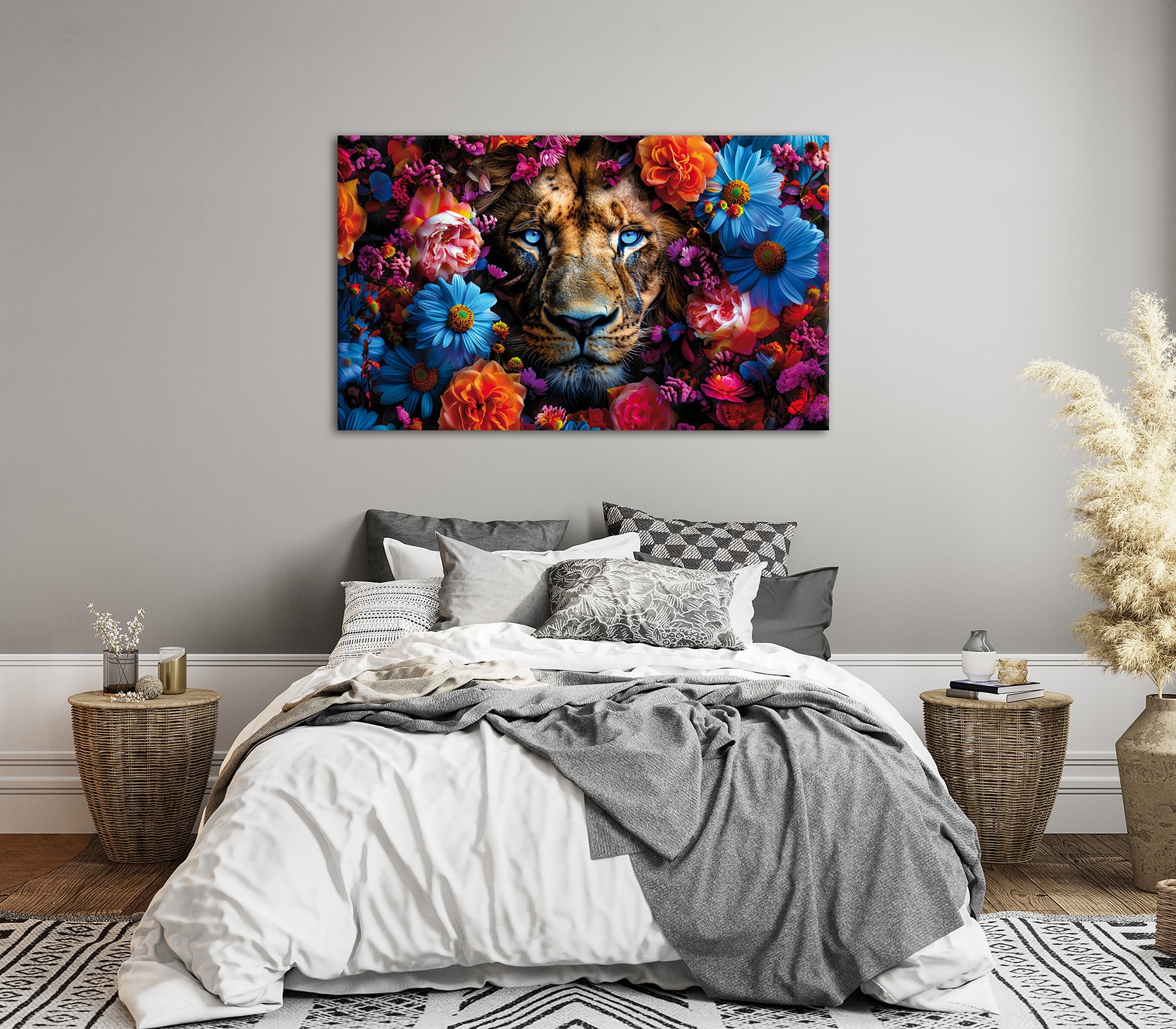 Bönninghoff Leinwandbild »Wandbild LÖWE MIT BLUMEN XXL 90x150 cm – Leinwandbild Keilrahmen Deko« Blumen | Raubkatzen | Tiger 1 Stk. tlg. auf Keilrahmen gespannt