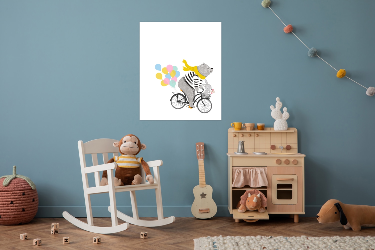 Lüttenhütt Bild mit Rahmen "oder Poster, Bär mit Hase auf Fahrrad" Fahrräder Fantasy Luftballon Tiere 1 Stk. tlg. HD Premium Druck
