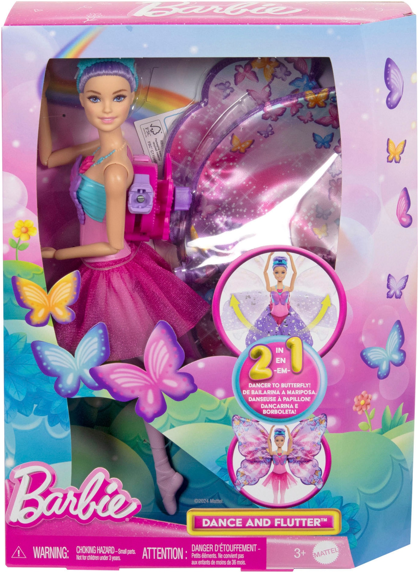 Barbie Anziehpuppe »Dance and Flutter Tanz, violette Haare«, mit 2-in-1-Verwandlung von der Tänzerin zum Schmetterling