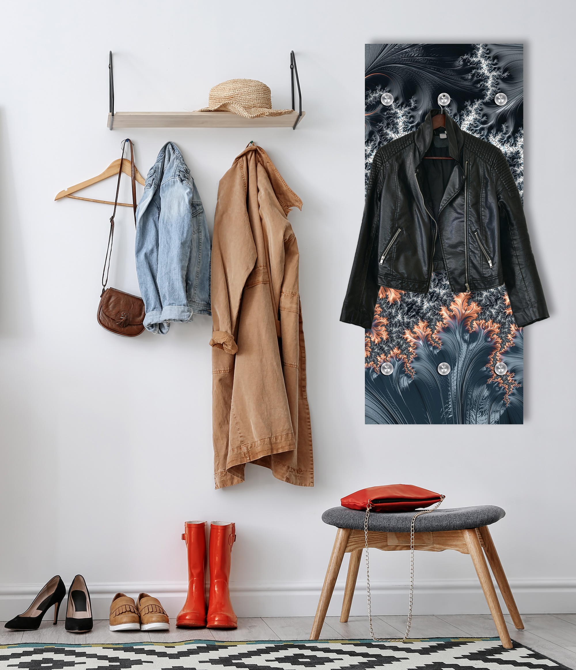 Garderobenpaneel QUEENCE "Wandgarderobe mit Motiv Abstrakt Federn inkl. Edelstahlhaken", grau, B:50cm H:120cm T:2,5cm, Acrylglas, Edelstahl, Garderobenpaneele, Garderobenpaneel, HD Premium Druck auf Acrylglas