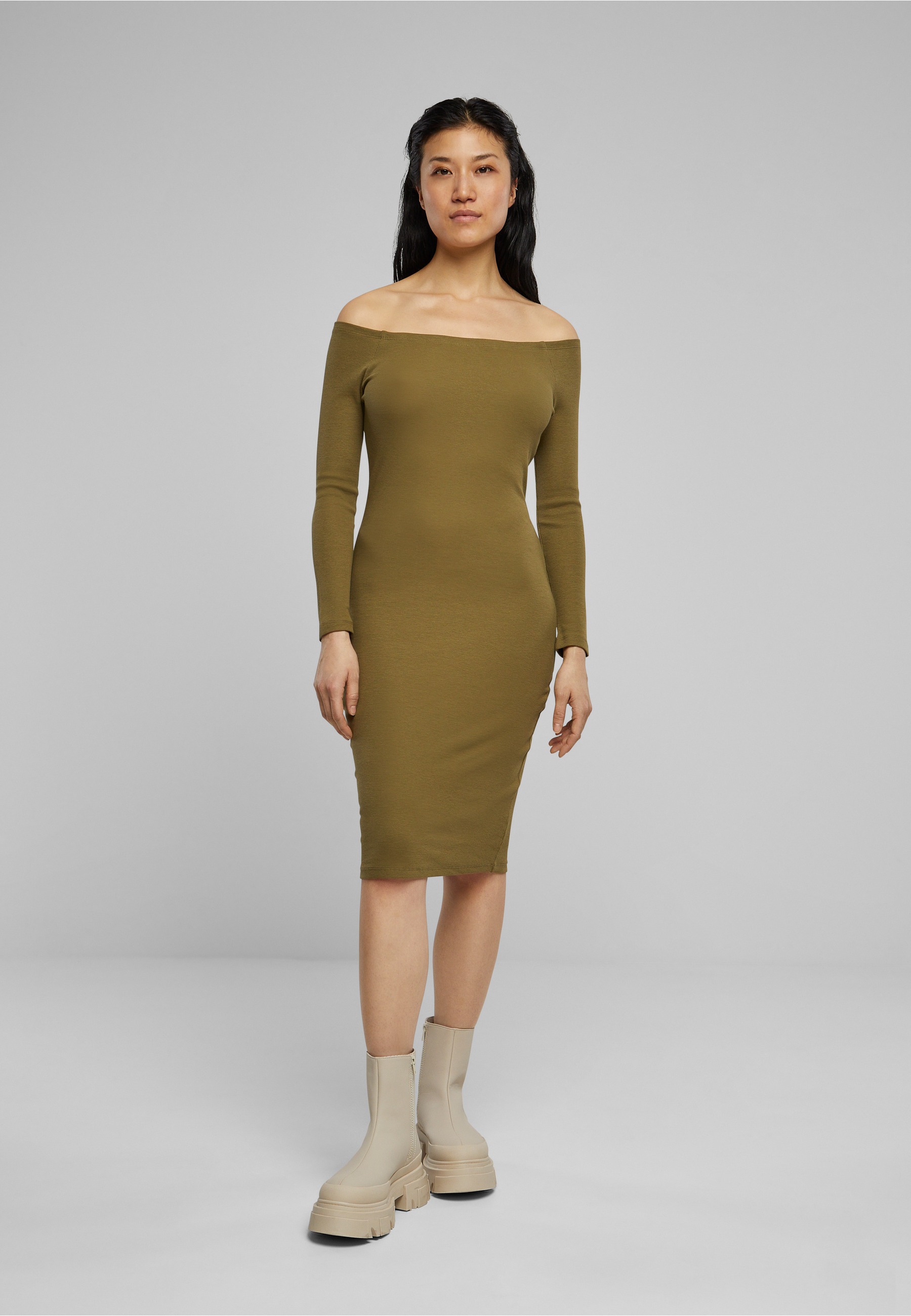 URBAN CLASSICS Shirtkleid »Urban Classics Damen Ladies Off Shoulder Longsleeve Rib Dress« 1 Stk. tlg.