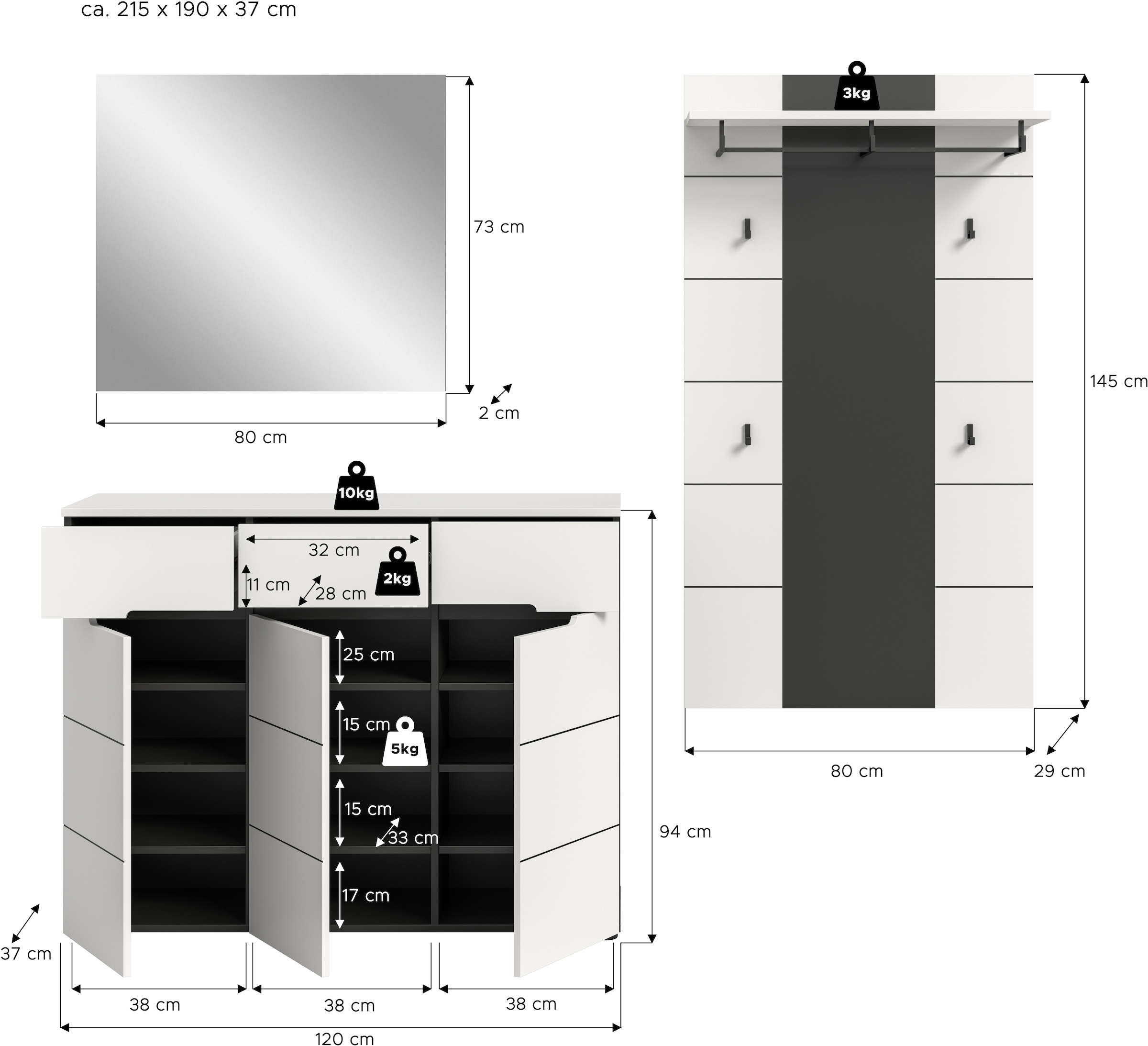 INOSIGN Garderoben-Set, (Set, 3 St.), Rehat, Garderoben-Set 3-tlg., Basalt grau NB/Weiß NB, Flur
