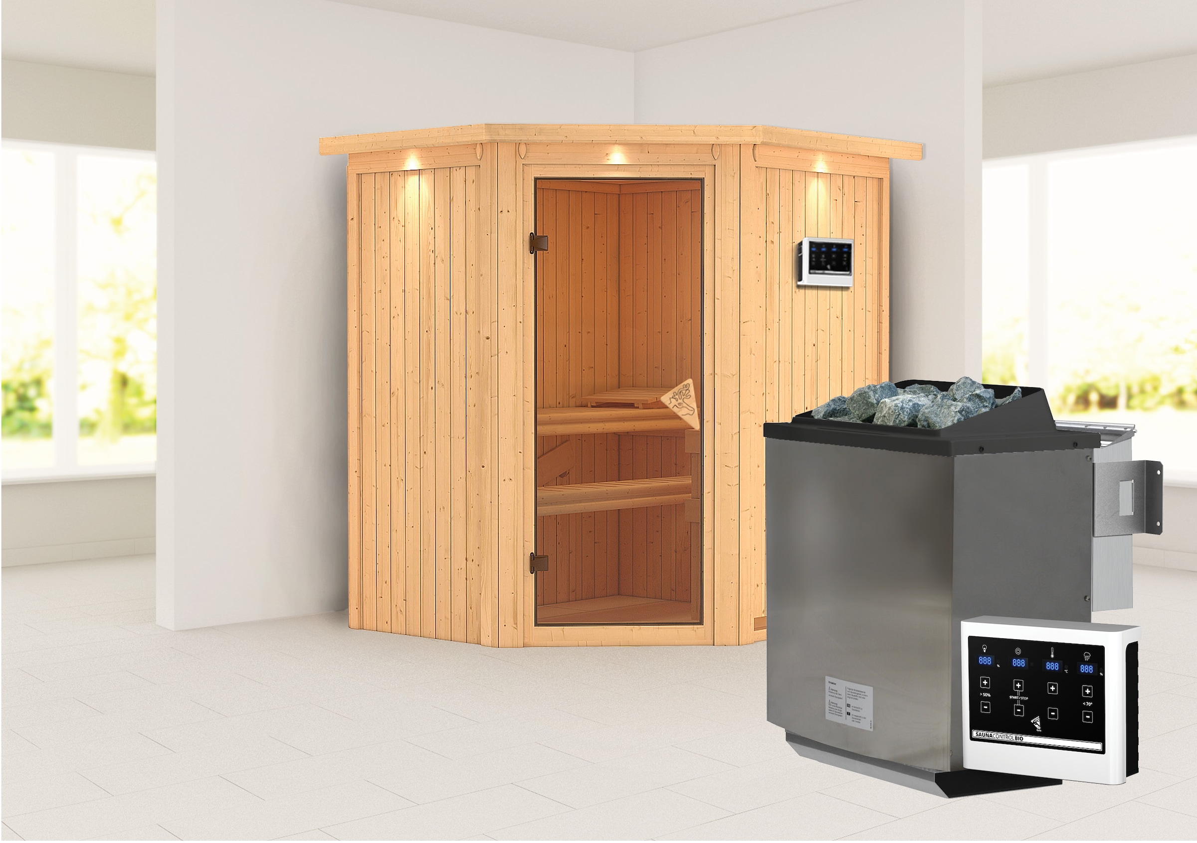 Karibu Sauna ""Liyah" mit bronzierter Tür und Kranz naturbelassen" Set, in verschiedenen Ausführungen erhältlich