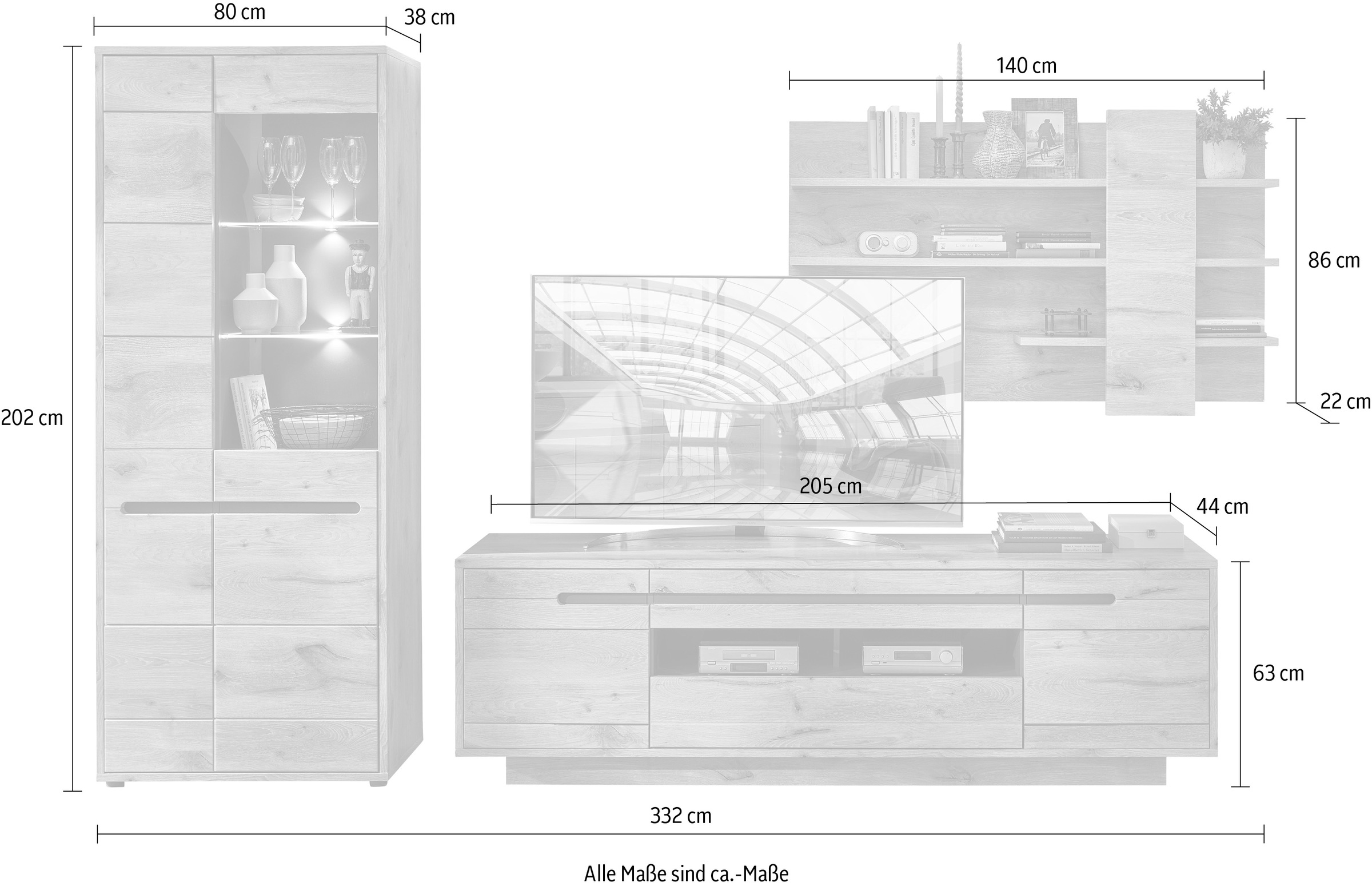 Innostyle Wohnwand »BELLANO«, (Komplett-Set, 3 St.), inkl. LED-Beleuchtung