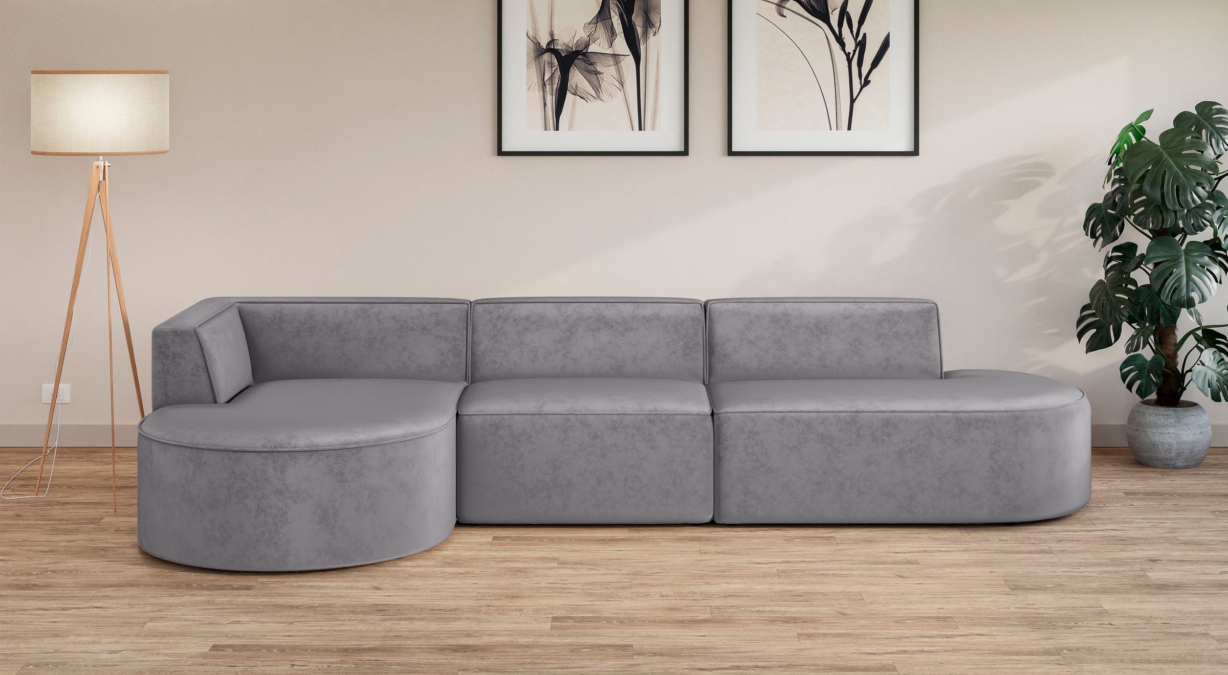 andas Ecksofa »EIVIND Designer Sofa mit Ottomane rechts/links, B/T/H: 343/159/72 cm«, L-Form mit Wellenunterfederung, auch in Feincord und Bouclé
