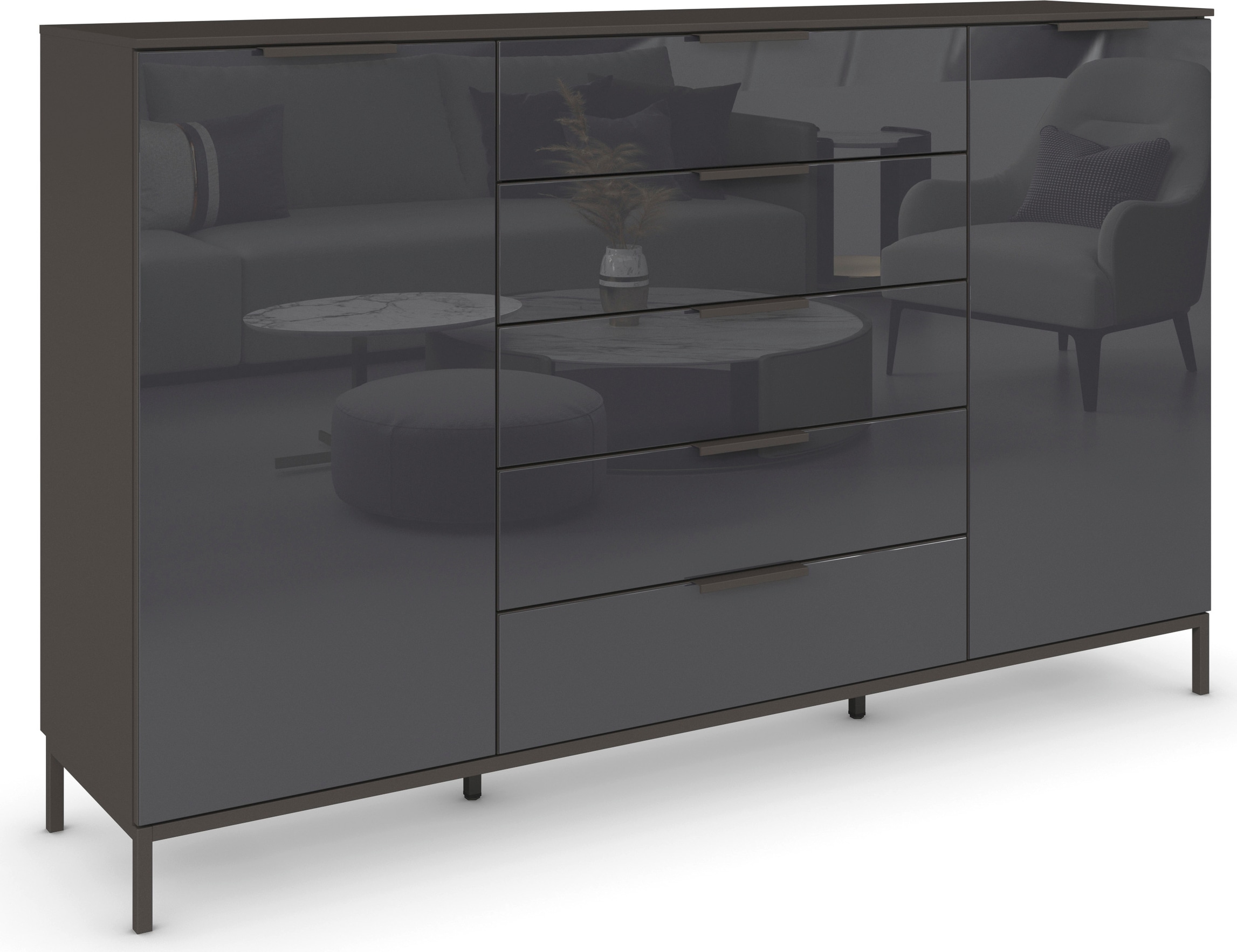 rauch 1100000002199 "Kommode Türkommode Sideboard Kombikommode FLIPP mit Glasfront" Breite 160/180 cm mit 4 Einlegeböden, 2-trg mit 5 Schubladen und Soft-Close-Funktion, Glasfront, 2 Breiten