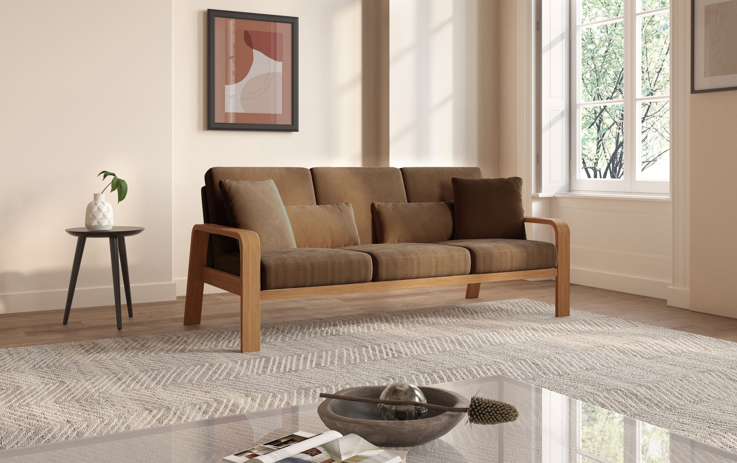 sit&more 3-Sitzer »Kolding« Armlehnen aus eichefarbigem Buchenholz, verschiedene Bezüge und Farben