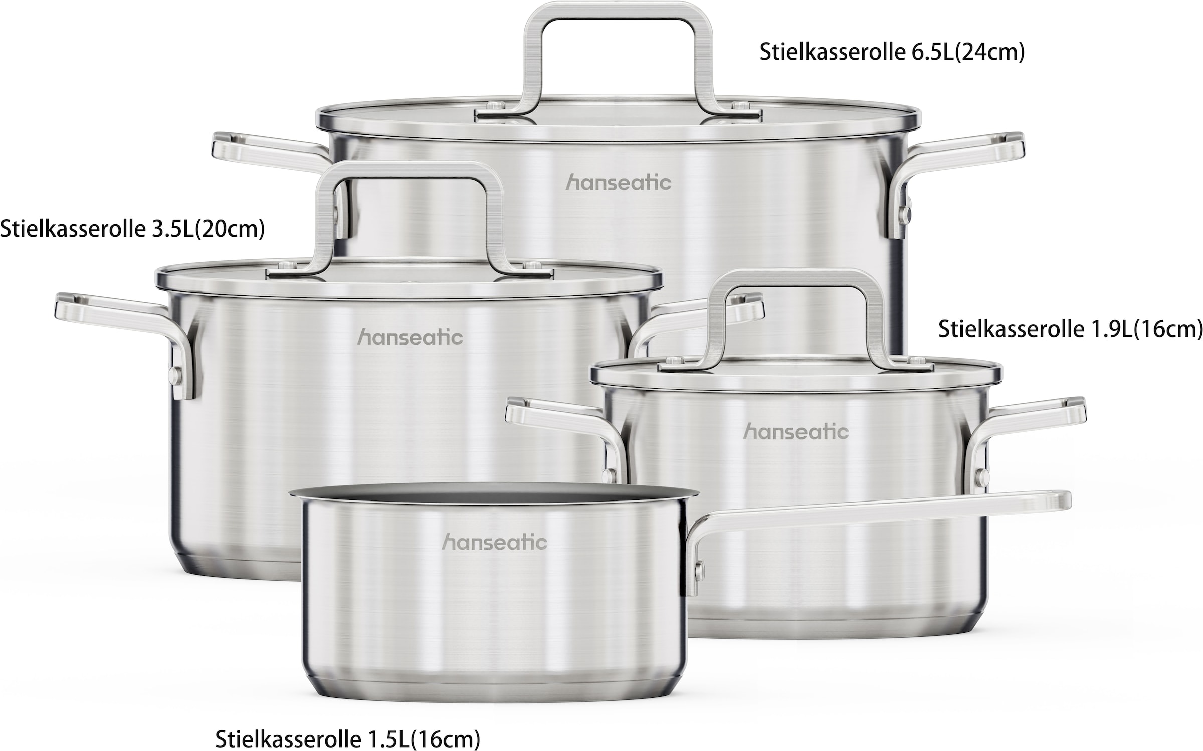 Hanseatic Topf-Set »DAILY« Set, Stielkasserolle 16 cm, Kochtopf 16/20/24 cm, 7 tlg. Edelstahl 18/10