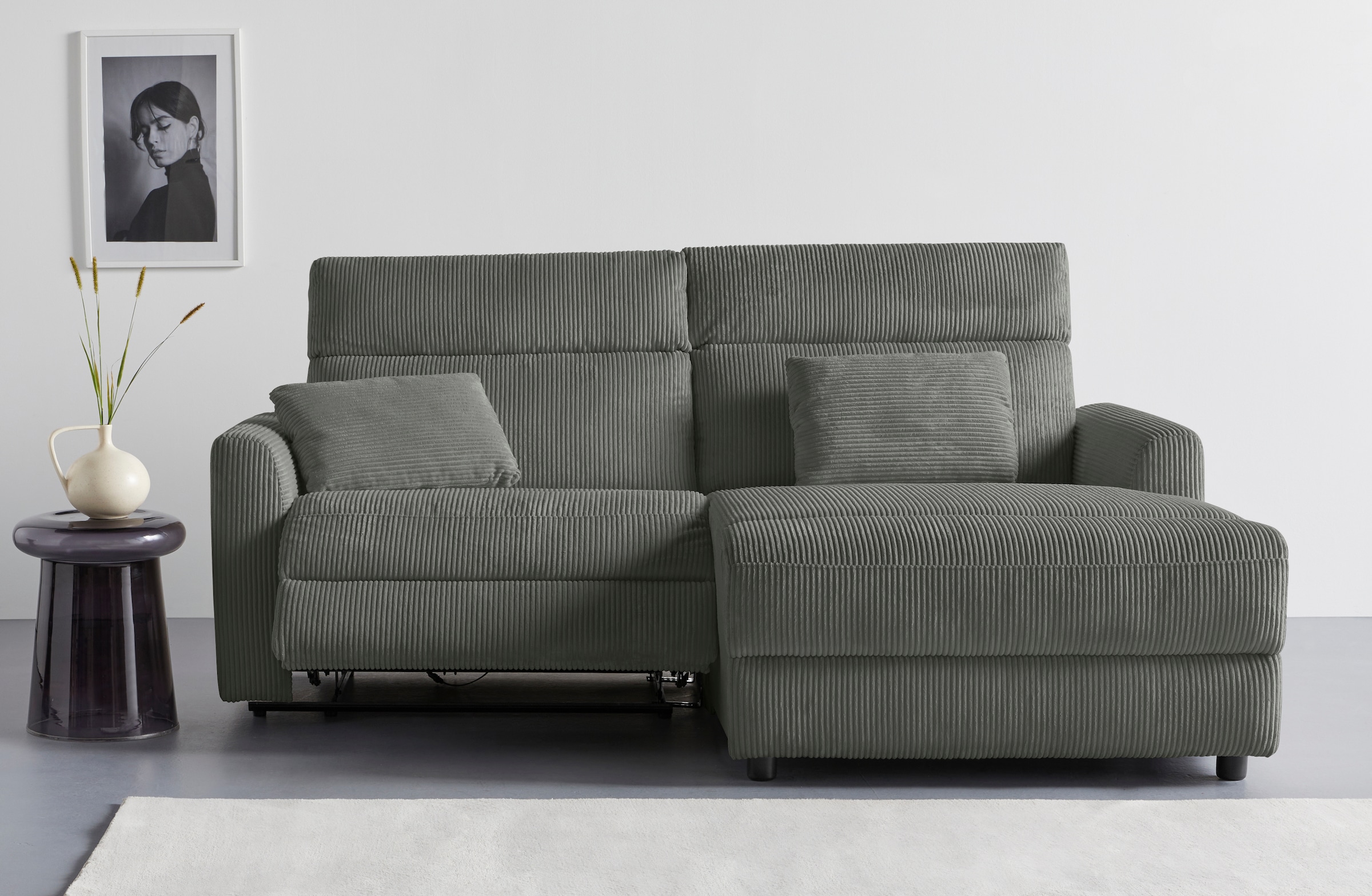 INOSIGN Ecksofa »JENNA, L-Form, 209cm, manuelle u. elektrische Funktion, mit USB A/C,«, Liegefunktion 105°-150°, Federkern, Cord