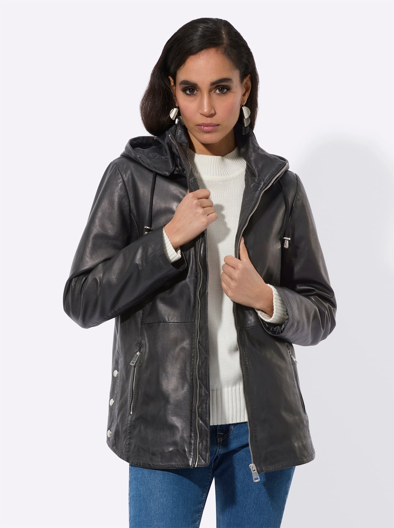 Mainpol Lederjacke, mit Kapuze