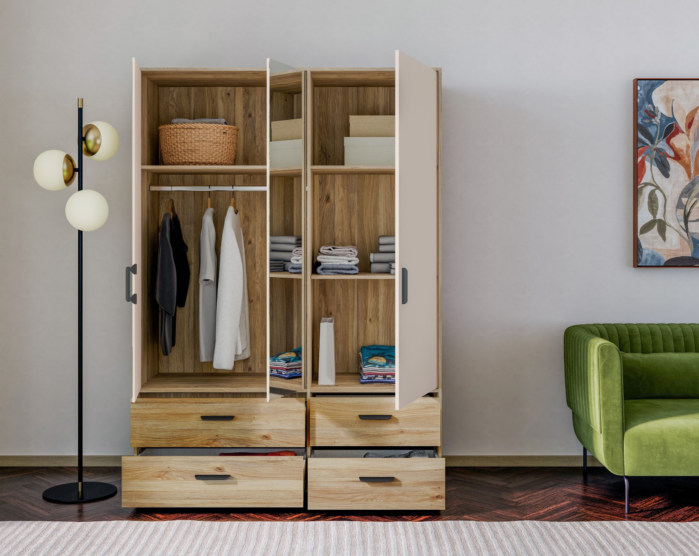 FORTE Drehtürenschrank »Schrank mit Spiegel, zeitloses Design, 3türig« viel Stauraum, Schubladen, Spiegeltürenm Höhe 200 cm