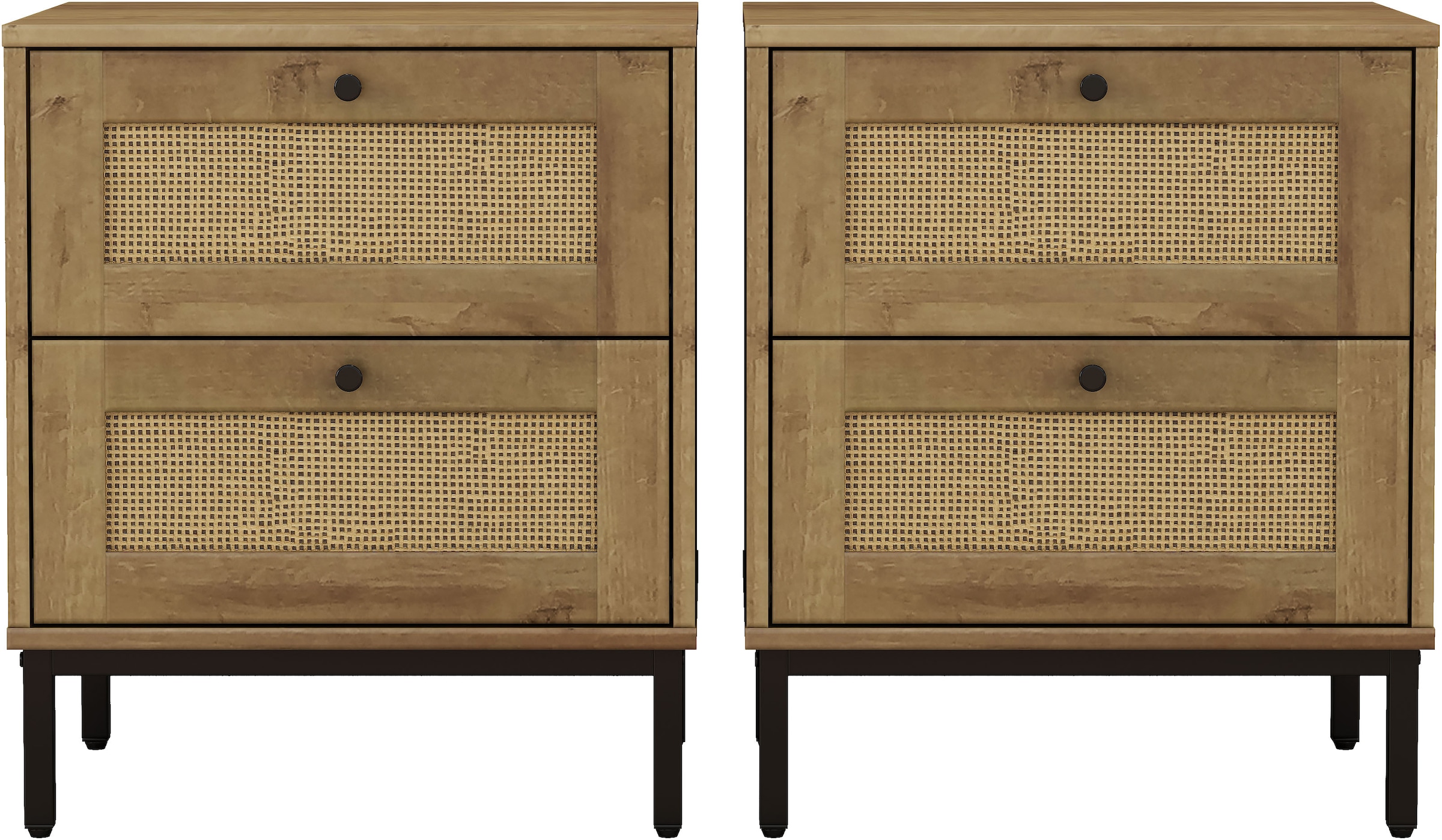 OTTO home Nachtkommode »Motala Nachtschrank Set BOHO Style mit Geflecht Schubladen Bestseller« Set, 2 Schränke im Set - Eichen-Design mit schwarzen Griffen, 