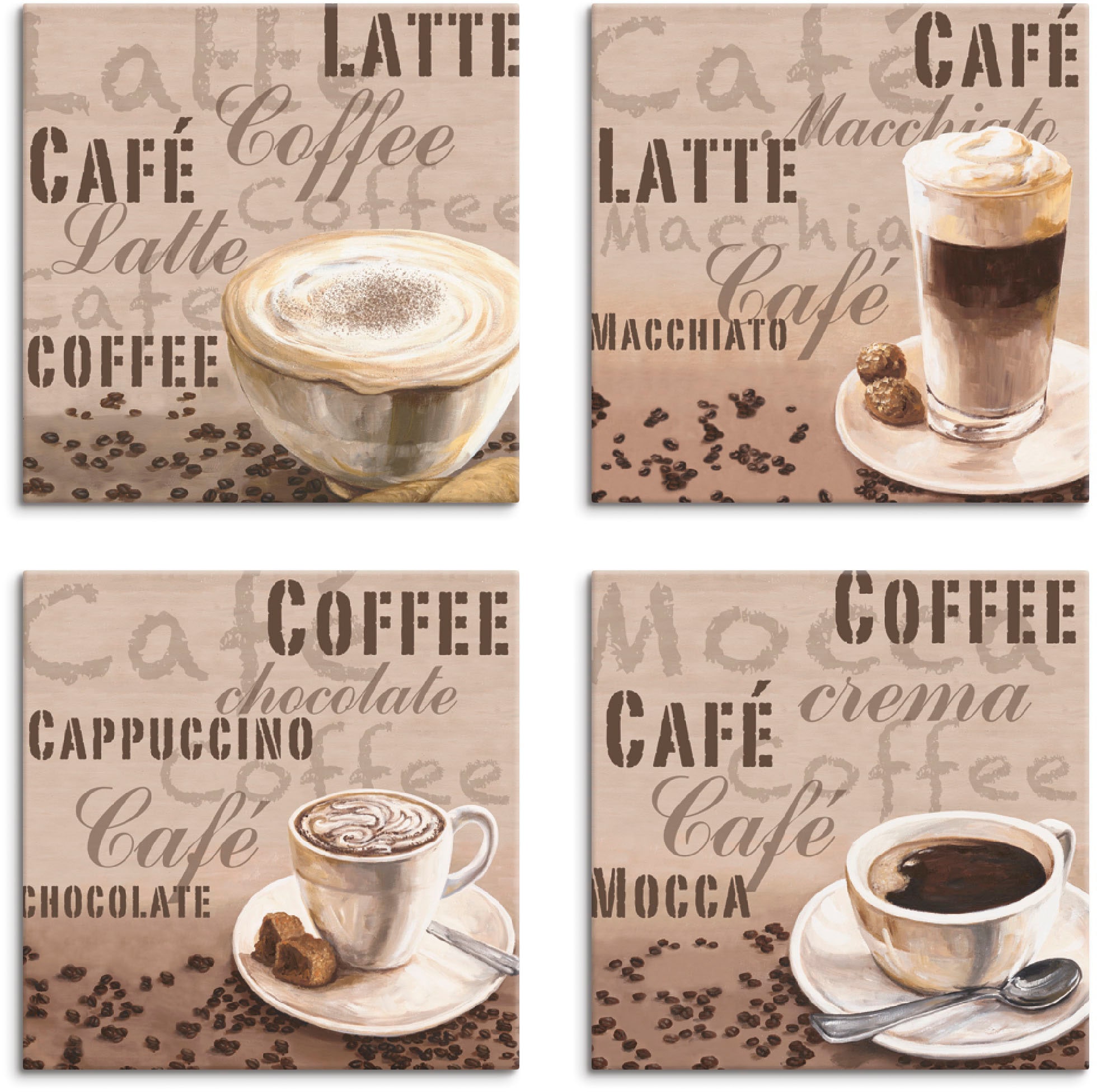 Artland Leinwandbild "Milchkaffee Latte MacchiatoChocolate", Getränke, (4 St.), 4er Set, verschiedene Größen