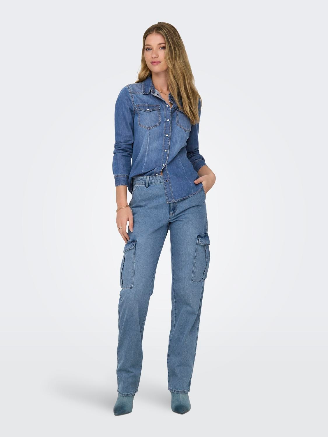 Jeansbluse ONLY "ONLALEXA L/S DNM SHIRT FS NOOS", Damen, Gr. L, blau (medium blau denim), Web, Obermaterial: 100% Baumwolle, unifarben, regular fit, Blusen Jeansbluse 3