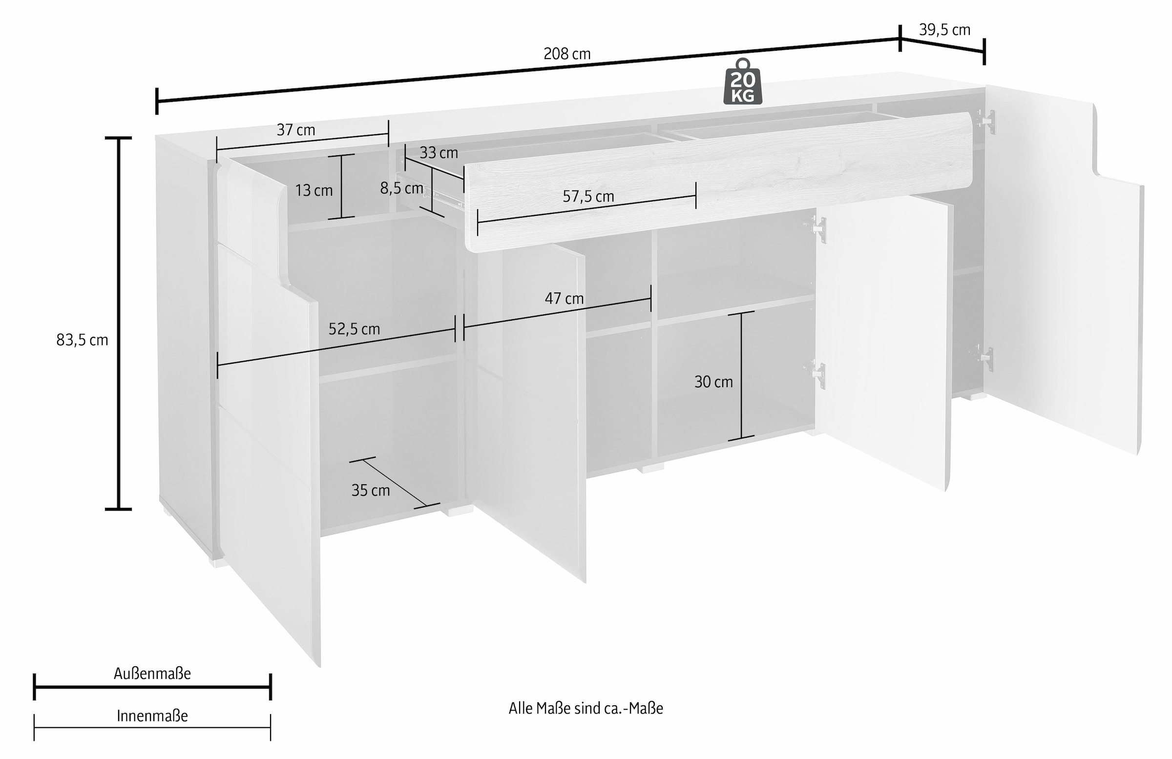 INOSIGN Sideboard »Toledo,Breite 208cm,moderne Kommode mit dekorative Fräsungen,grifflos«, Kombikommode mit viel Stauraum, Einlegeböden verstellbar