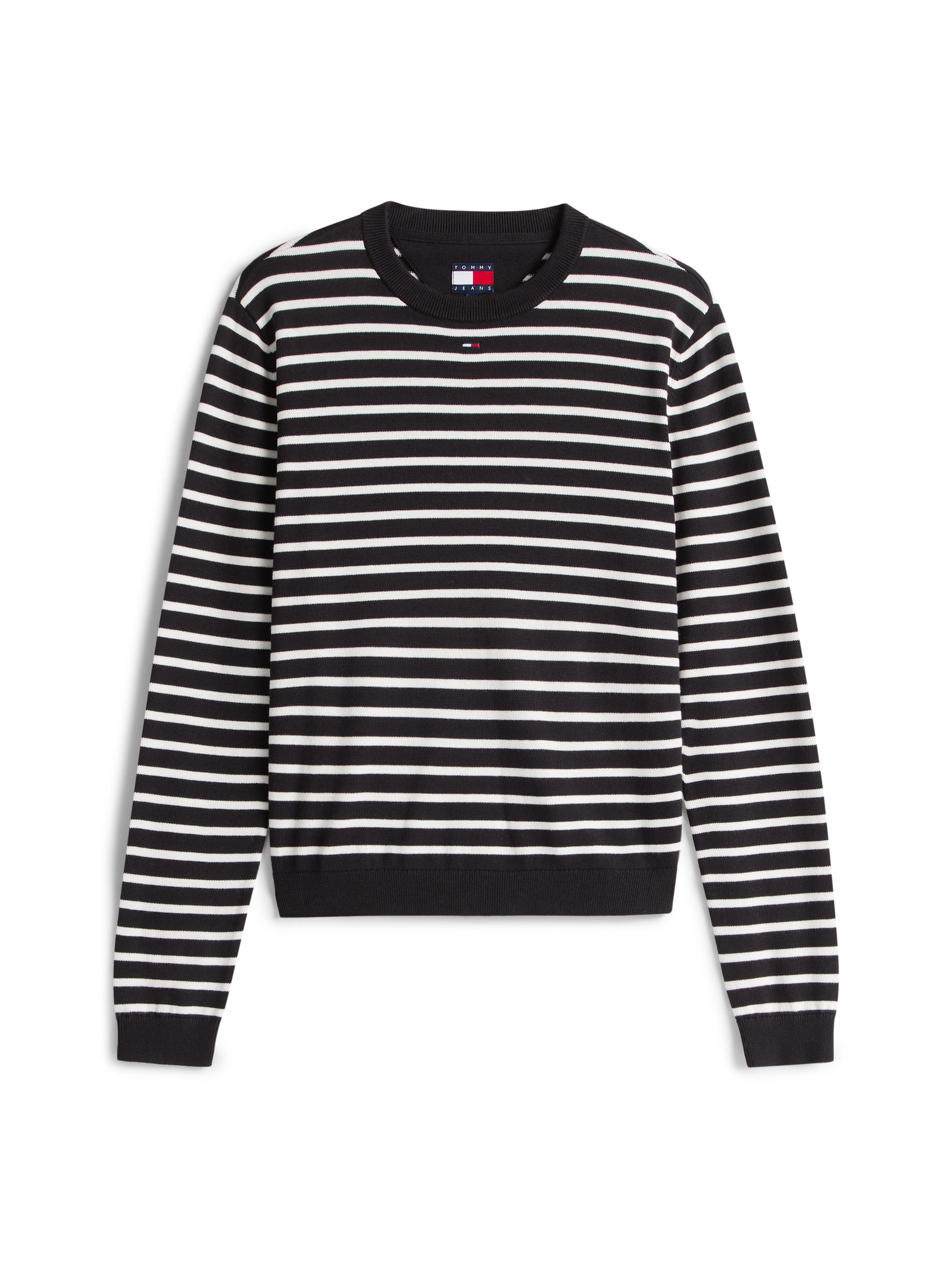 Strickpullover TOMMY JEANS "TJW ESSENTIAL CREW SWEATER EXT", Damen, Gr. XXL (44), schwarz, ecru stripe, Feinstrick, Obermaterial: 100% Baumwolle, gestreift, regular fit normal, Rundhals, Rippstrickbündchen, Pullover Strickpullover 3