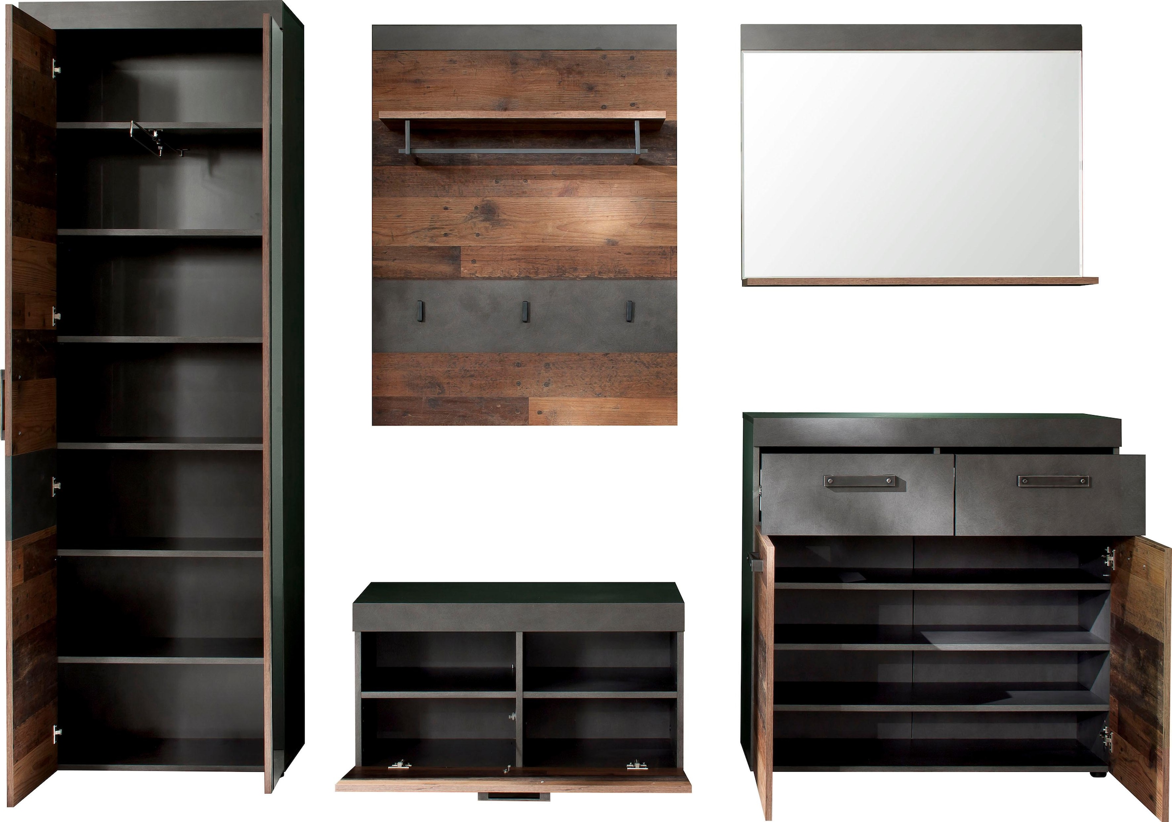 INOSIGN Garderoben-Set »Ilana«, (Set, 5 St.), Garderobenmöbel im modernen Industrial Style mit antikfarbenen Griffen