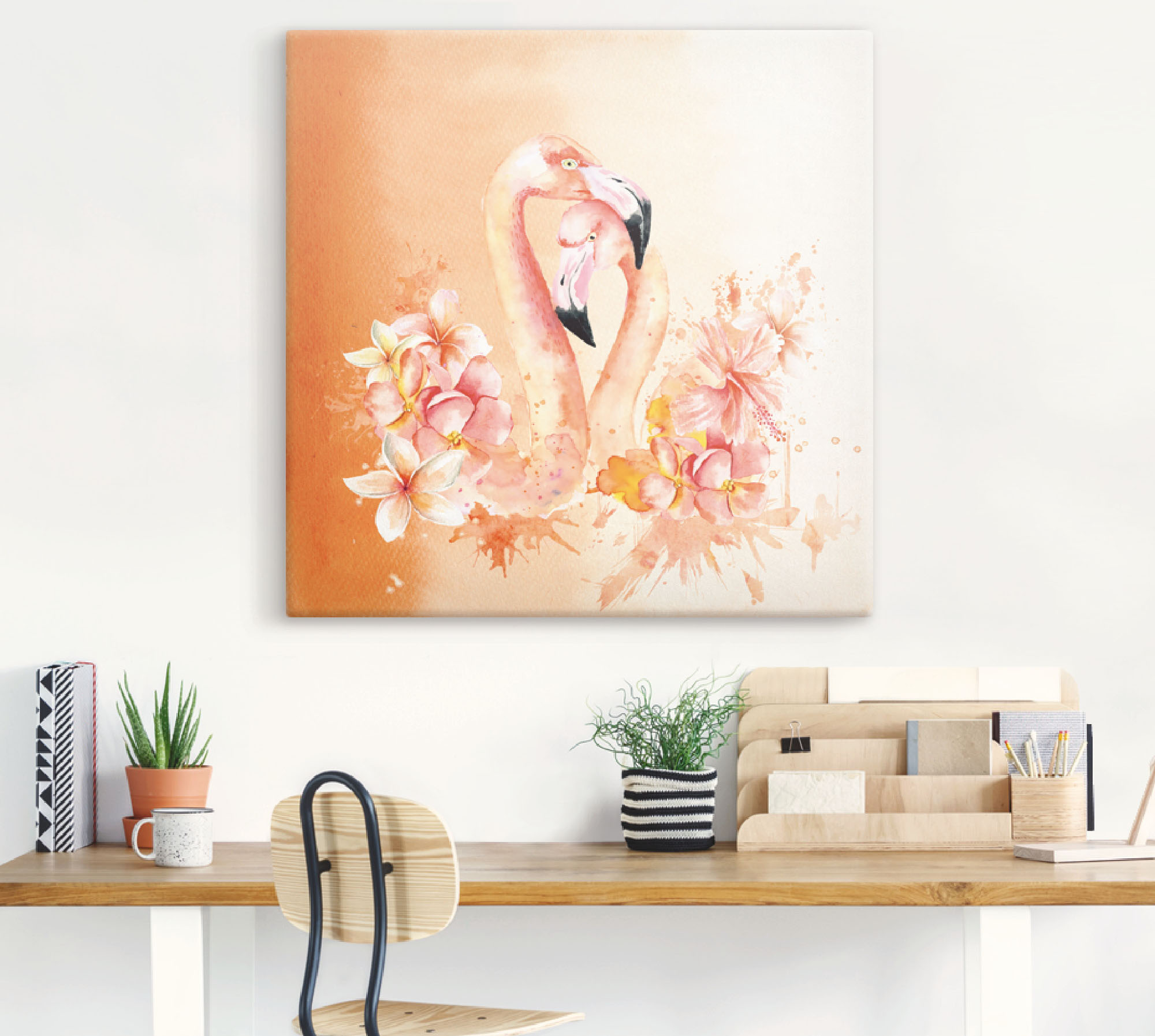 Thumbnail - Artland Wandbild "Orange Flamingo in Love- Illustration", Vögel, (1 St.), als Leinwandbild, Poster in verschied. Größen