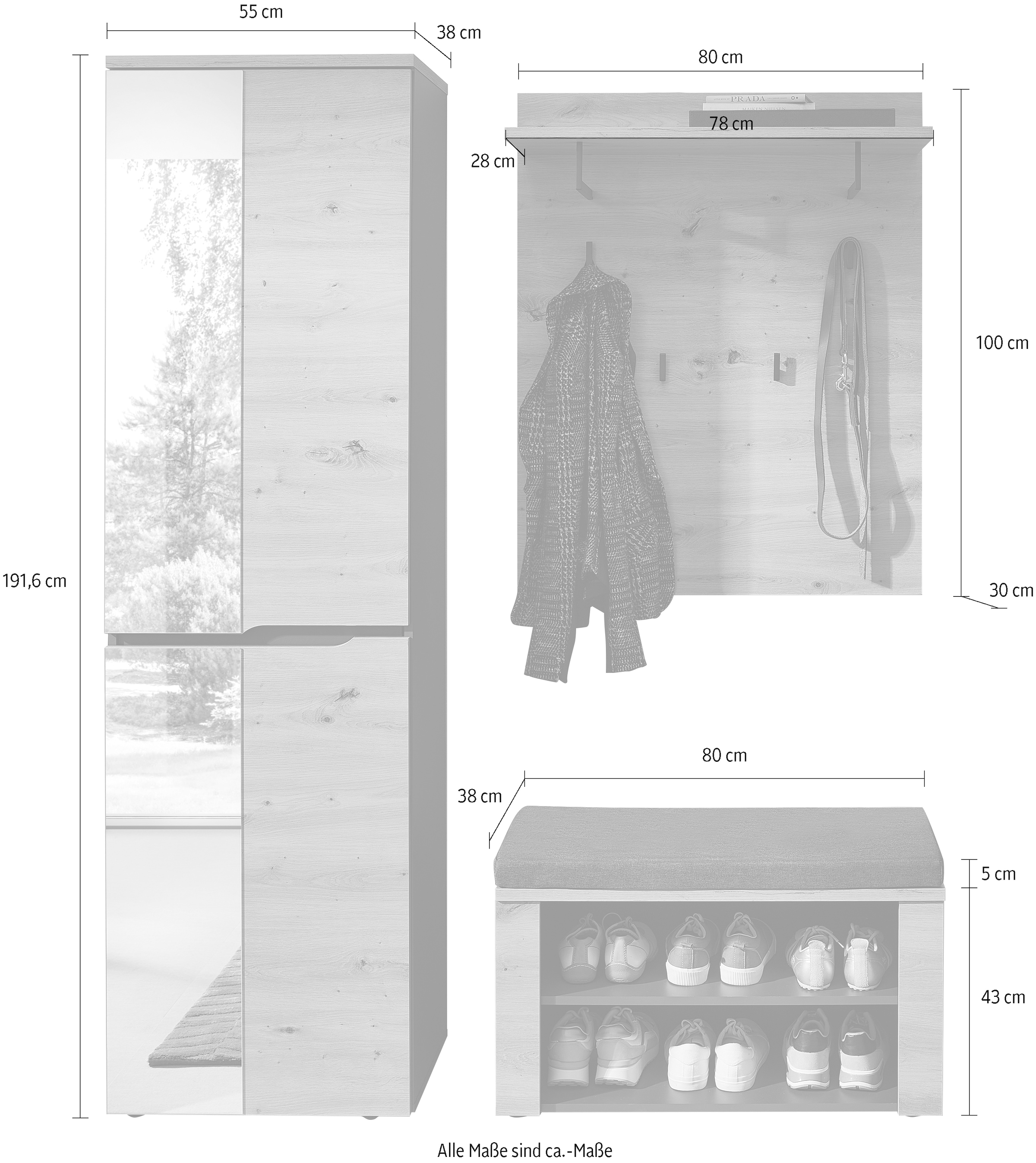 OTTO home Garderoben-Set »Fargo Garderobenset, 150/192/38 (B/H/T cm)« 3 Stk. tlg.