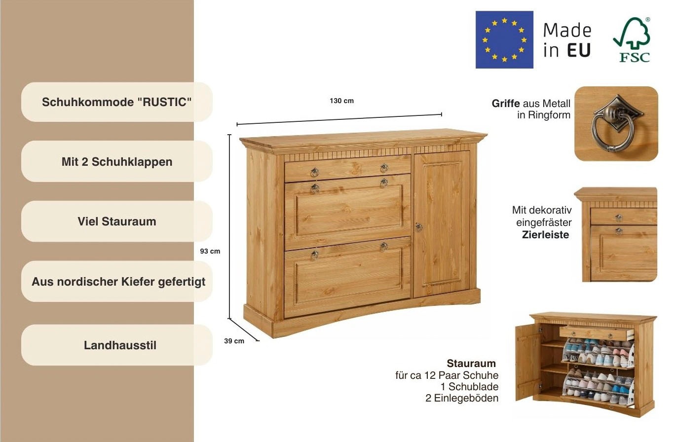 Home affaire Schuhkommode »Rustic«, aus massiver Kiefer, Breite 130 cm, FSC®-zertifiziert