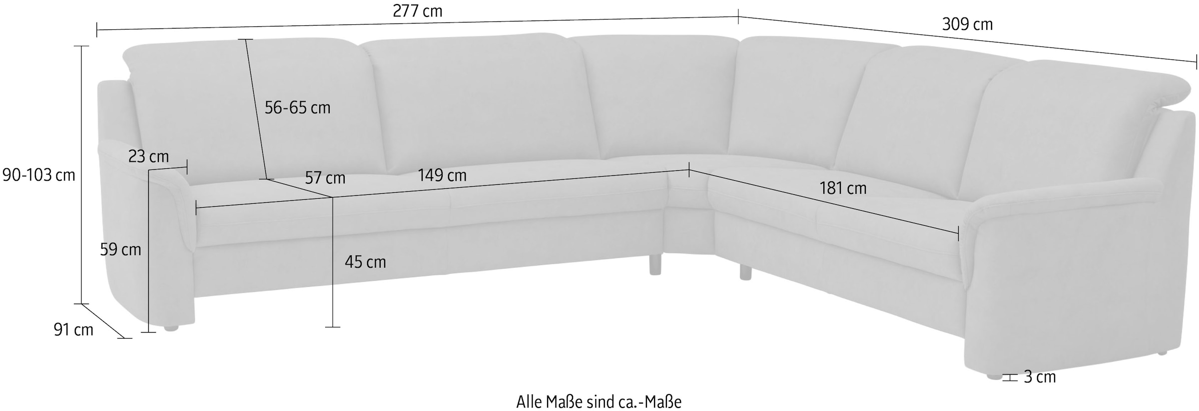 VILLA BECK Ecksofa »Garda L-Form«, (4 St.), inklusive Kopfteilverstellung, Stellmaß 309x277 cm