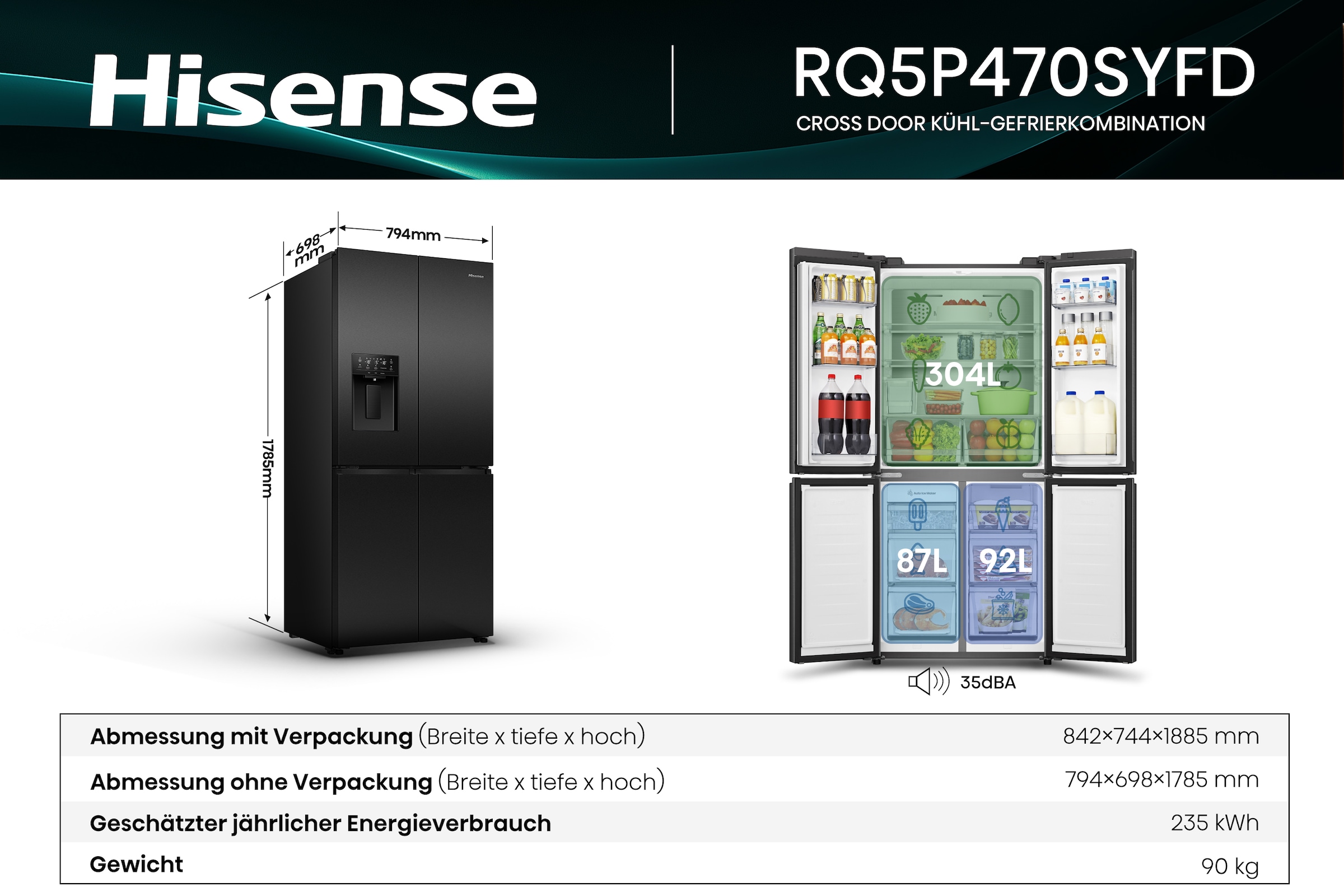 Hisense Multi Door »RQ5P470SYFD«, Wasser-/Eisspender
