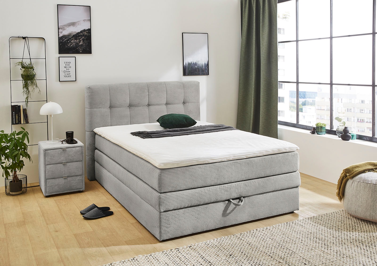 Boxspringbett JOCKENHÖFER GRUPPE "Amy", grau (hellgrau 426, 29), L:217cm, Bezug Bett: Cordstoff (100% Polyester);Topper und Matratzenspiegel: 100% Polyester, Komplettbetten, Boxspringbett, mit Bettkasten und Kaltschaum-Topper, erhältlich in 120, 140 & 180